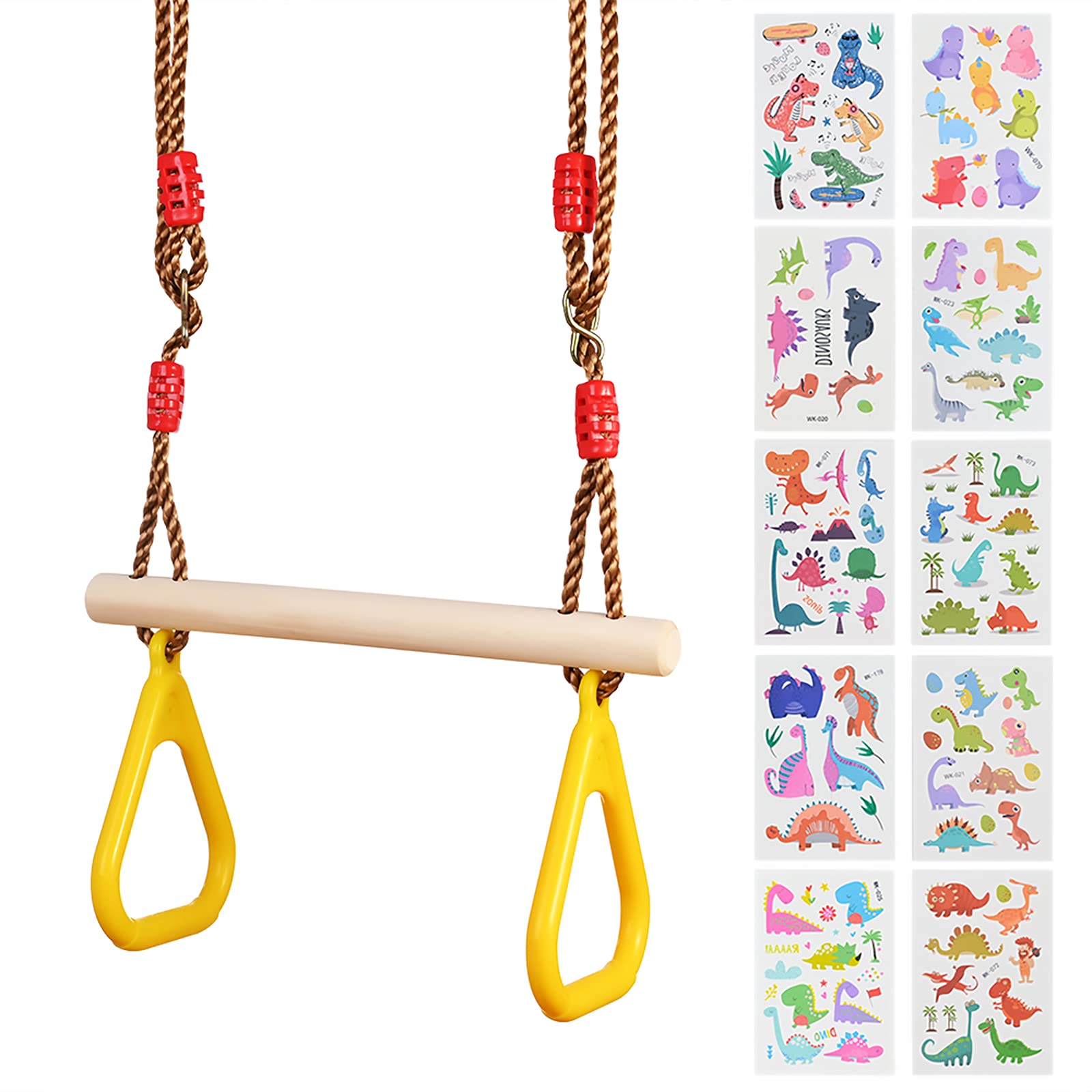 GOLDGE Trapez Schaukel Holz Schaukel Outdoor mit Kunststoff Turnringe Kinder Belastbar bis 120KG und Dinosaurier Aufkleber, Einstellbar Schaukel Kinder Trapez Kinderschaukel Outdoor & Indoor