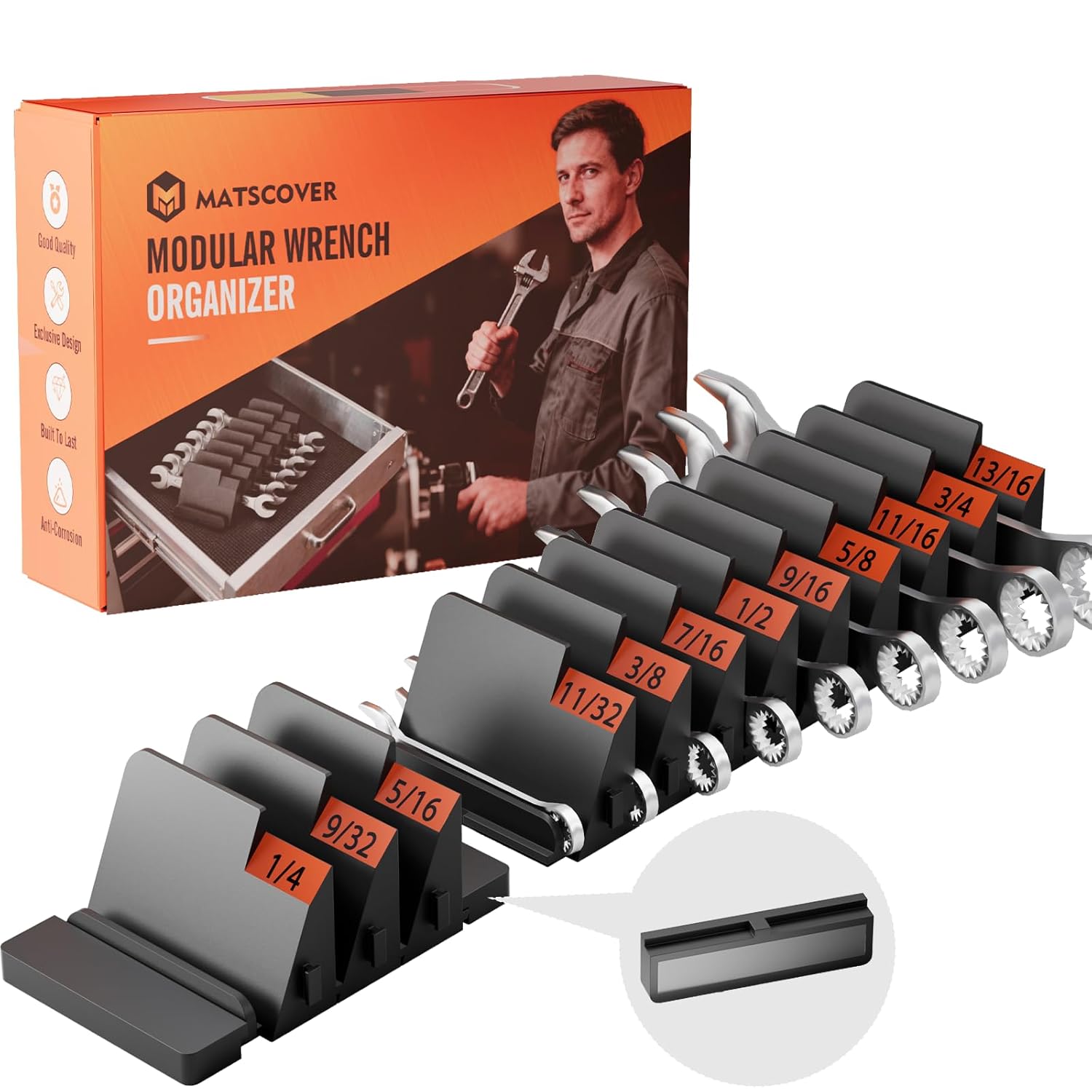 32 PCS Modular Wrench Organizer Wrench Holder - Wrench Tool Organizers for Tool Drawer Storage, Wrench Storage Set with Metric & SAE Label, Wrench Rack Tool Gift for Mechanics, Father, Men, Black