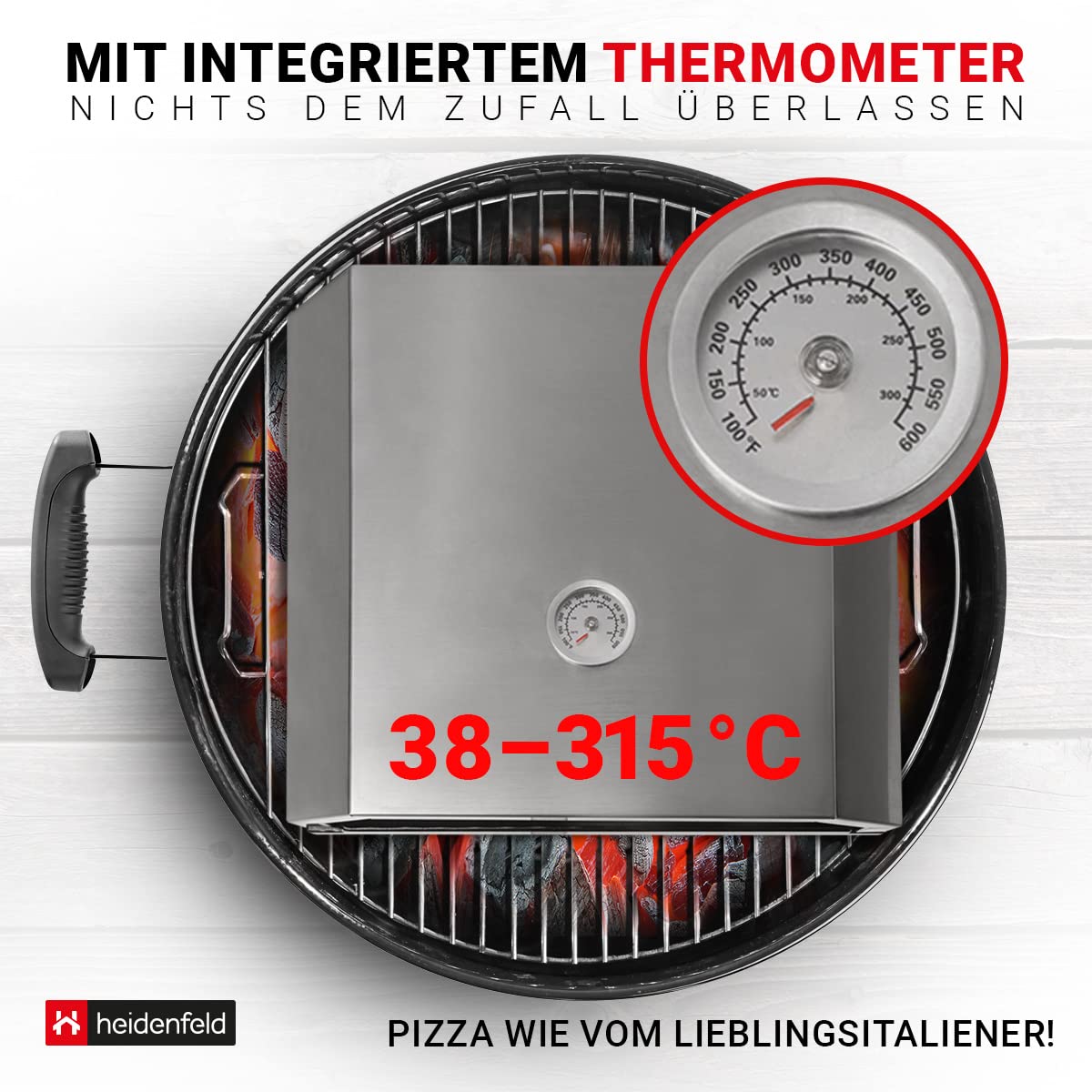 Embout à Pizza Heidenfeld Bologna - Pierre à Pizza Acier Inox 540°C Thermomètre Inclus