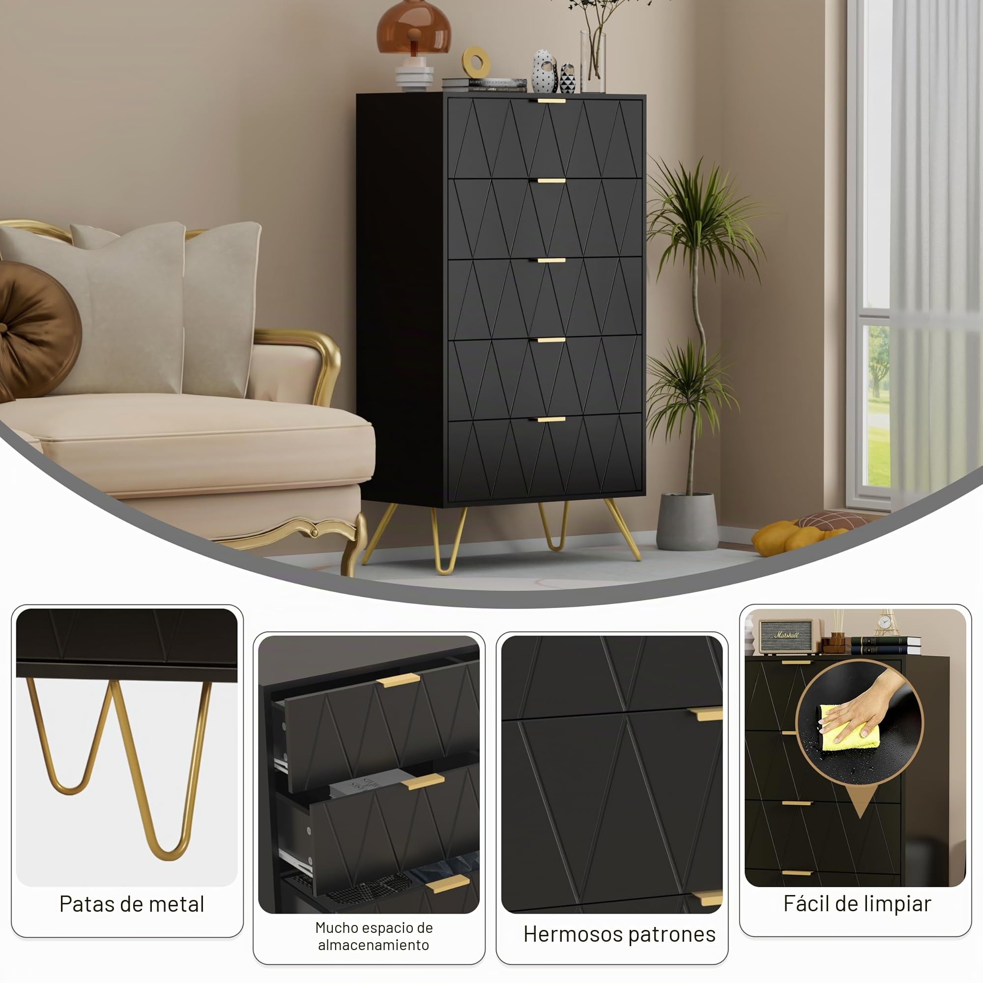 UEV Cajonera de 5 Cajones como Dormitorio con Asas y Patas Doradas, Modelo de Líneas de Superficie, para Salón, Dormitorio, Pasillo, 60 x 34 x 110 cm, Negro