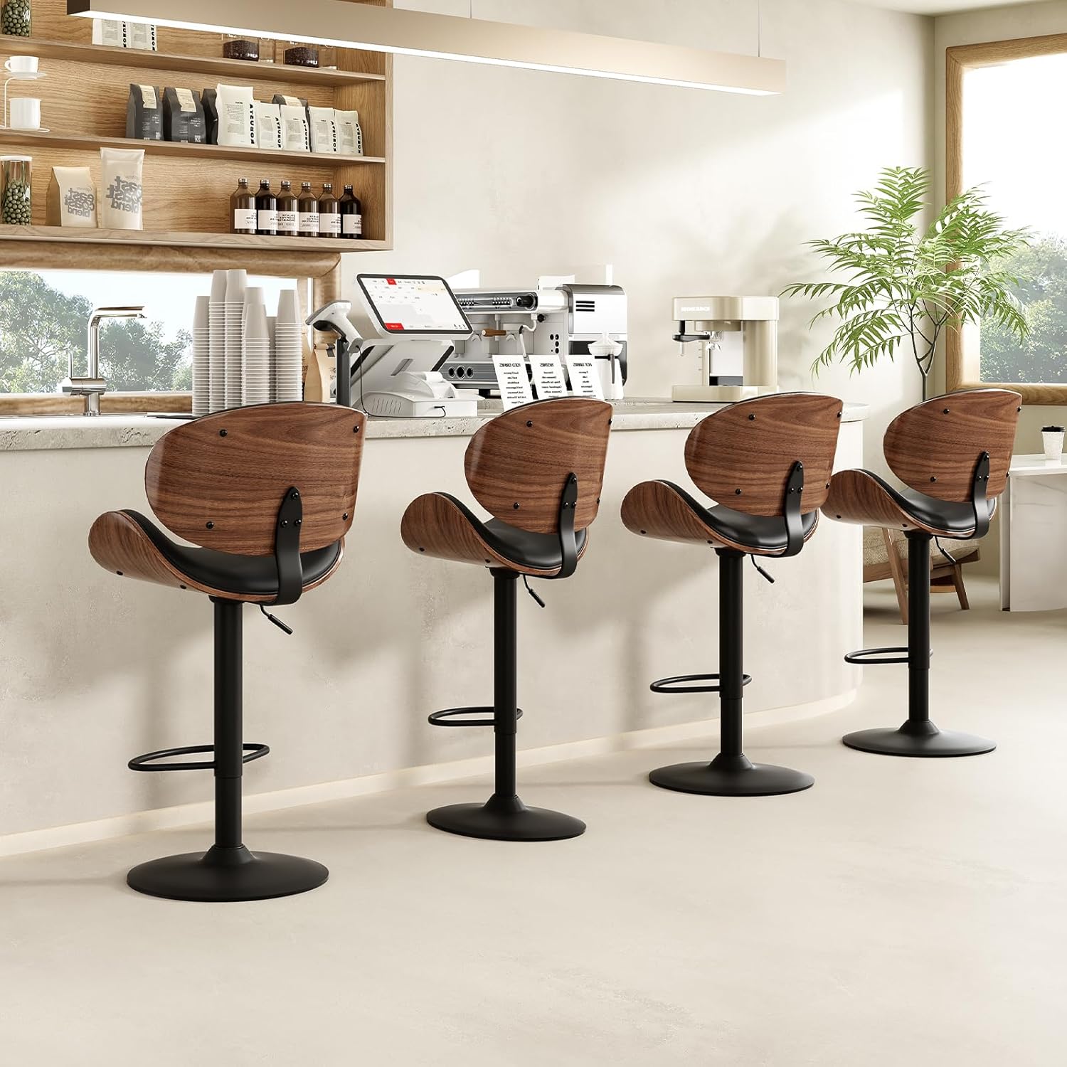 Farini Swivel Bar Stools Set of 2 Adjustable Height Bentwood Barstools with PU Leather Upholstered Seat, Backrest and Footrest,Modern Kitchen Counter Chairs for Bar, Dining Room,Black