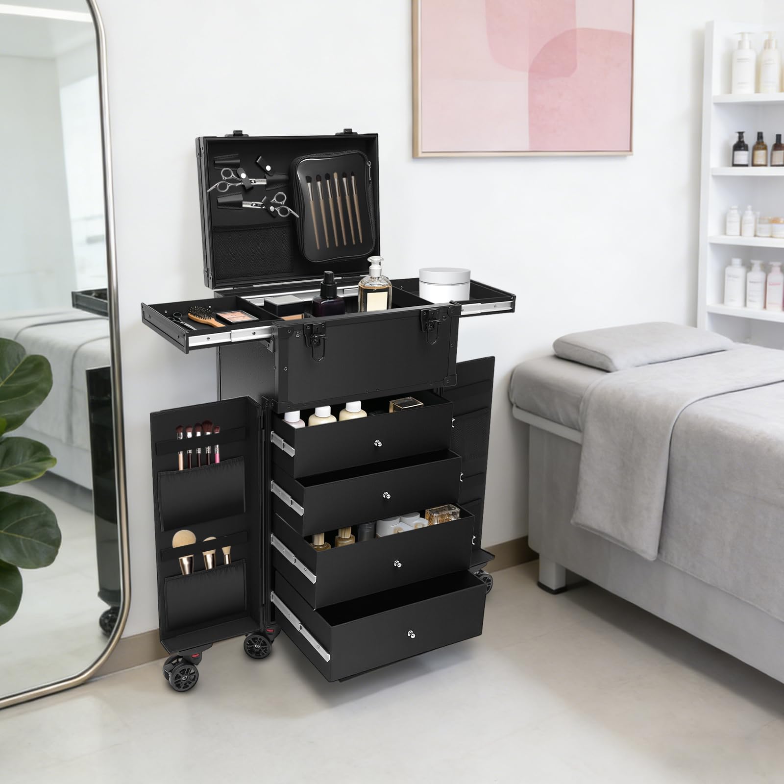 Valigetta per trucchi con ruote, in alluminio, grande beauty make-up, con 4 cassetti, manico telescopico richiudibile, per parrucchiere e parrucchiere