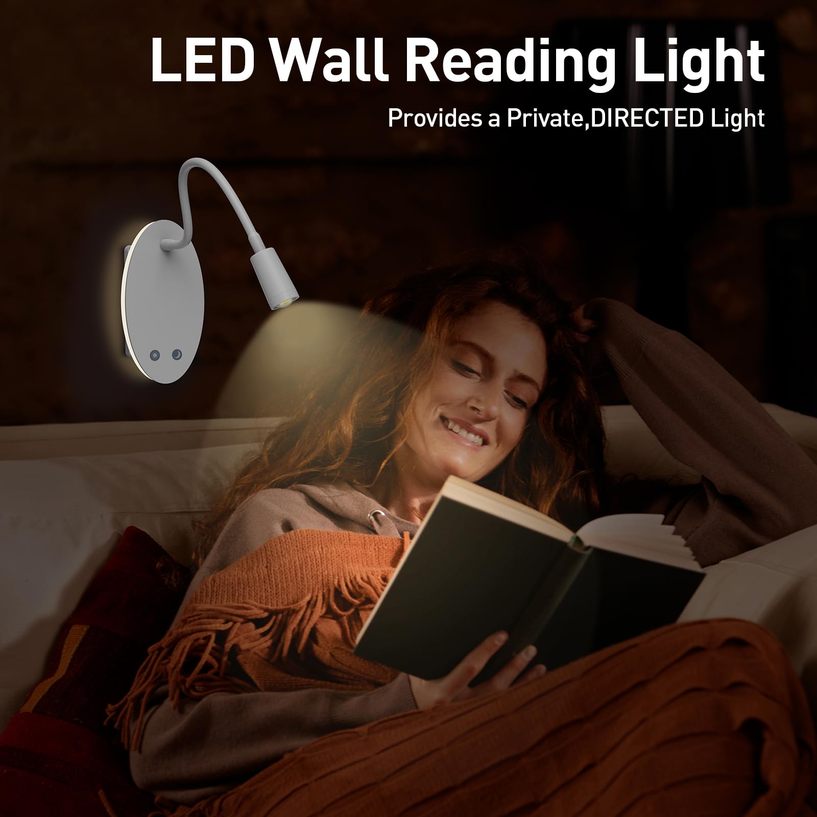 Luz LED para libros montada en la pared, luces de lectura para libros en la cama, 3 regulables, salida USB, luz nocturna, recargable, flexible, cuello de cisne (1 unidad)