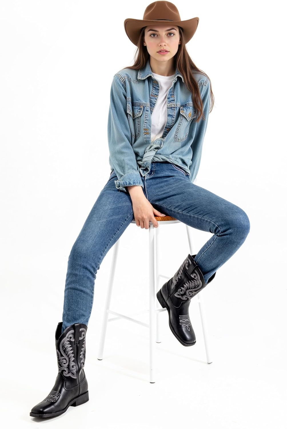 WrangWalker Women's Cowboy Boots Square Toe Pull On Western Fashion Dress Wide Mid Calf Cowgirl Boots Chunky Low Heel Botas Vaqueras Para Mujer - Image 3