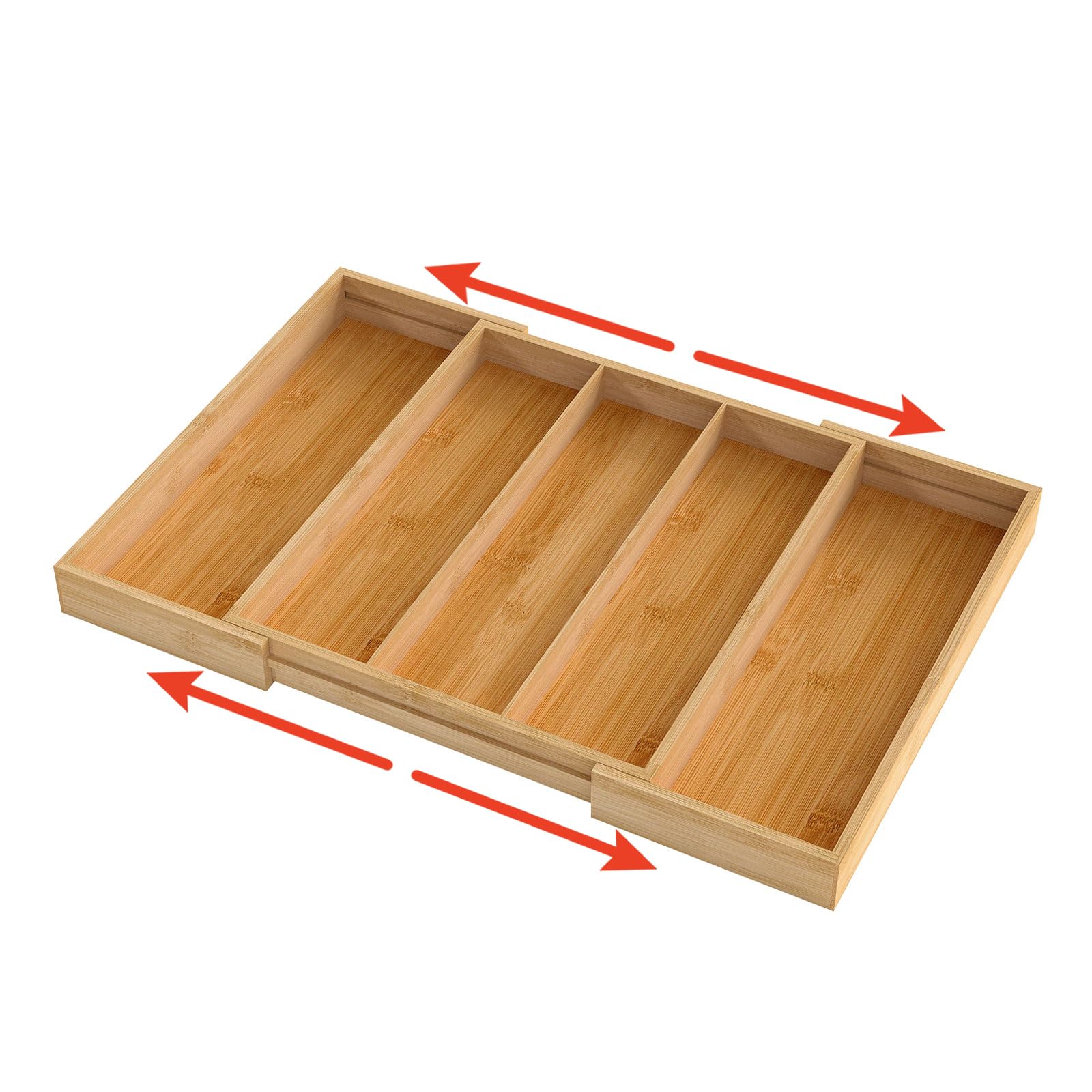 Toque Bamboo Expandable Cutlery Drawer Organiser, Adjustable Utensil Tray 5 Compartments, Natural Wooden Kitchen Drawer Storage For Silverware, Knives & Cooking Tools, 33–57Cm