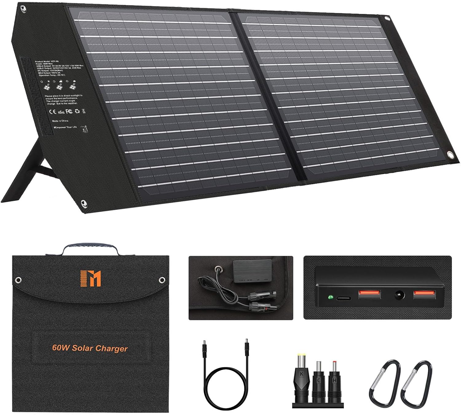 Mesuvida 30W Panneau Solaire Portable avec 5 Ports, 18V MC4 Haute Sortie / 12V DC/QC 3.0 USB-A