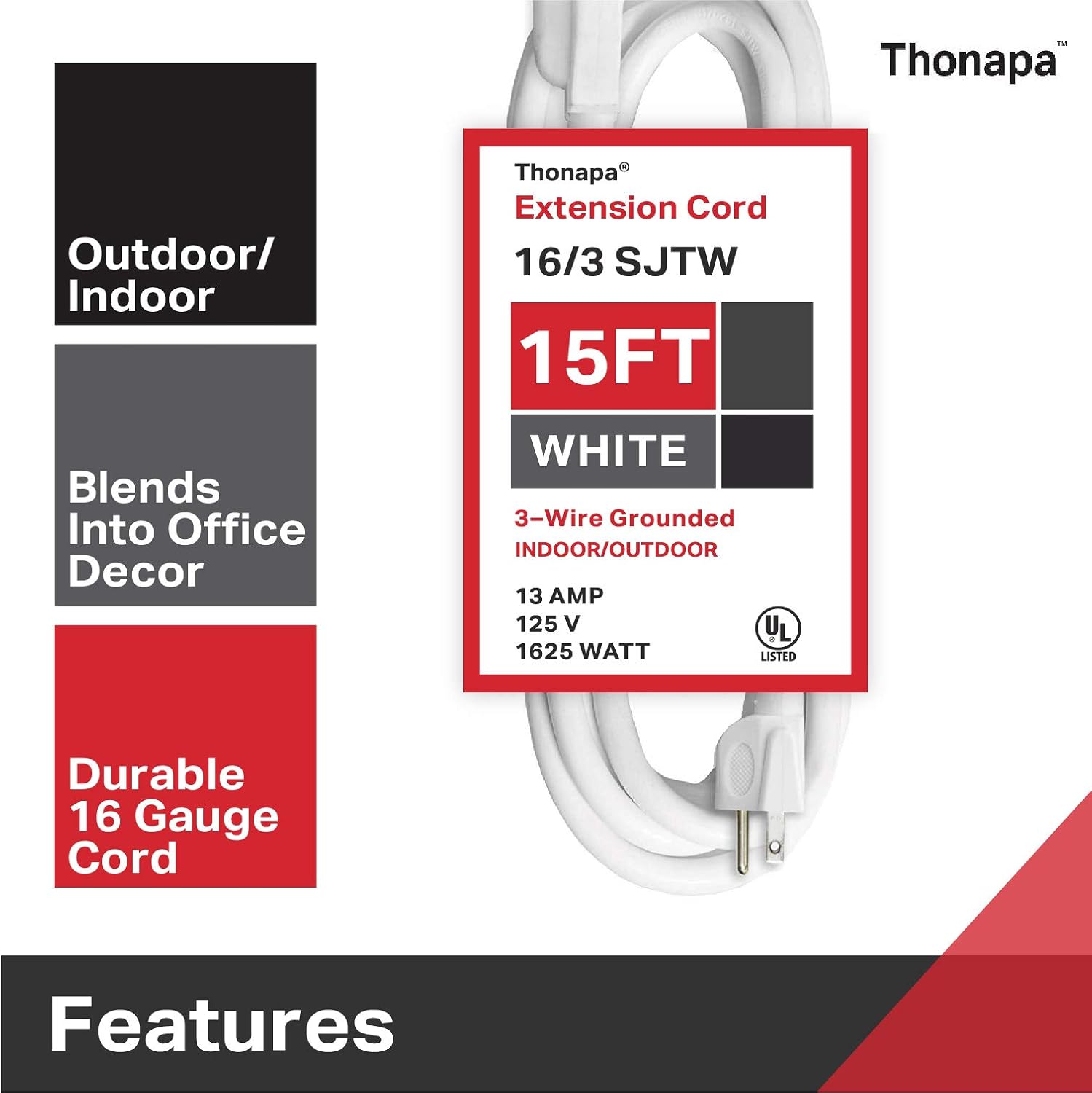 Thonapa 15 Ft Extension Cord with 3 Prong - White Extension Cord 15ft - 16/3 SJTW Electrical Cable Great for Home & Office