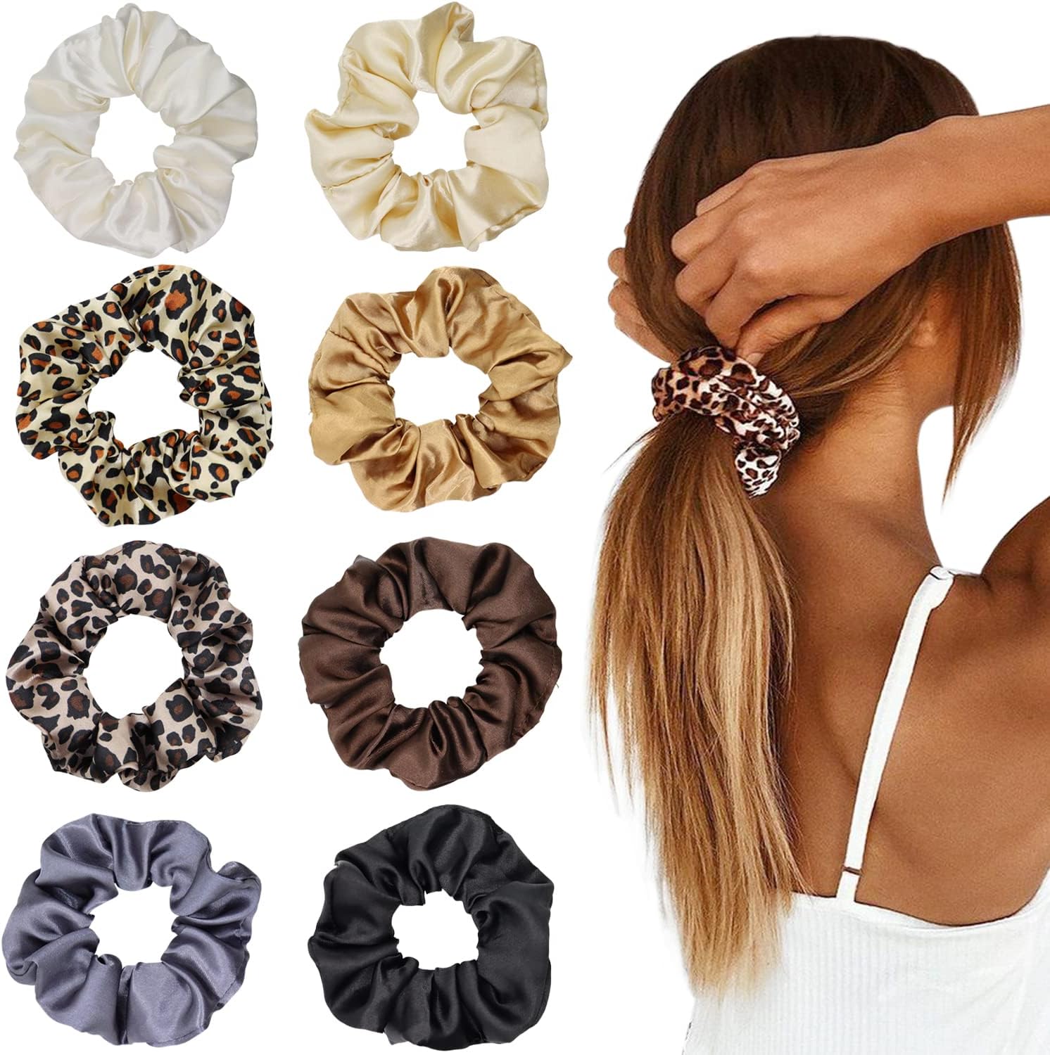 8PCS Women Hair Scrunchies, Leopard Silk Satin Ponytail Holder, Solid Color Elastic Hair Bands Scrunchy Hair Ties Ropes for Women Girls Ladies