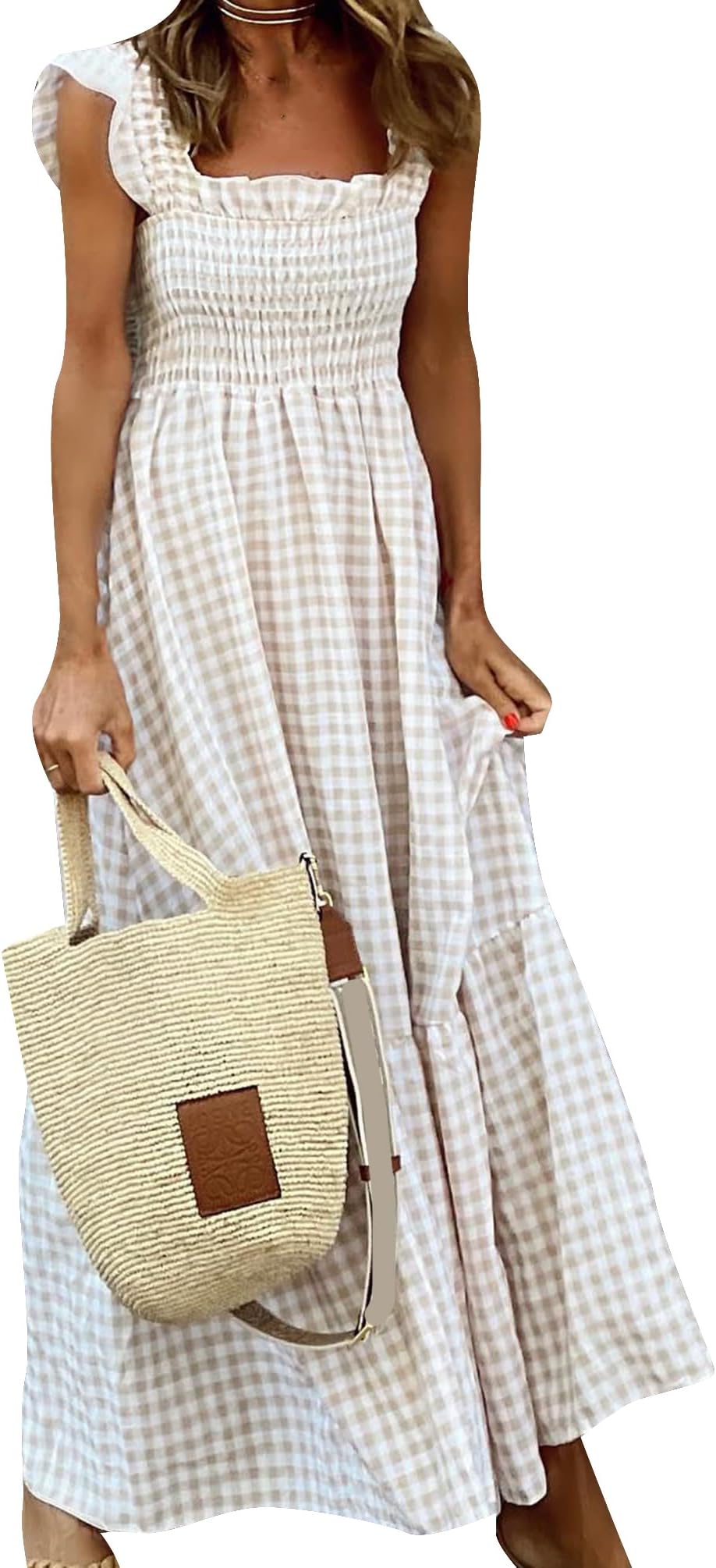 OMZINWomen's Sleeveless Square Neck Smocked Sundress High Waist Ruffle Swing A Line Maxi Dress