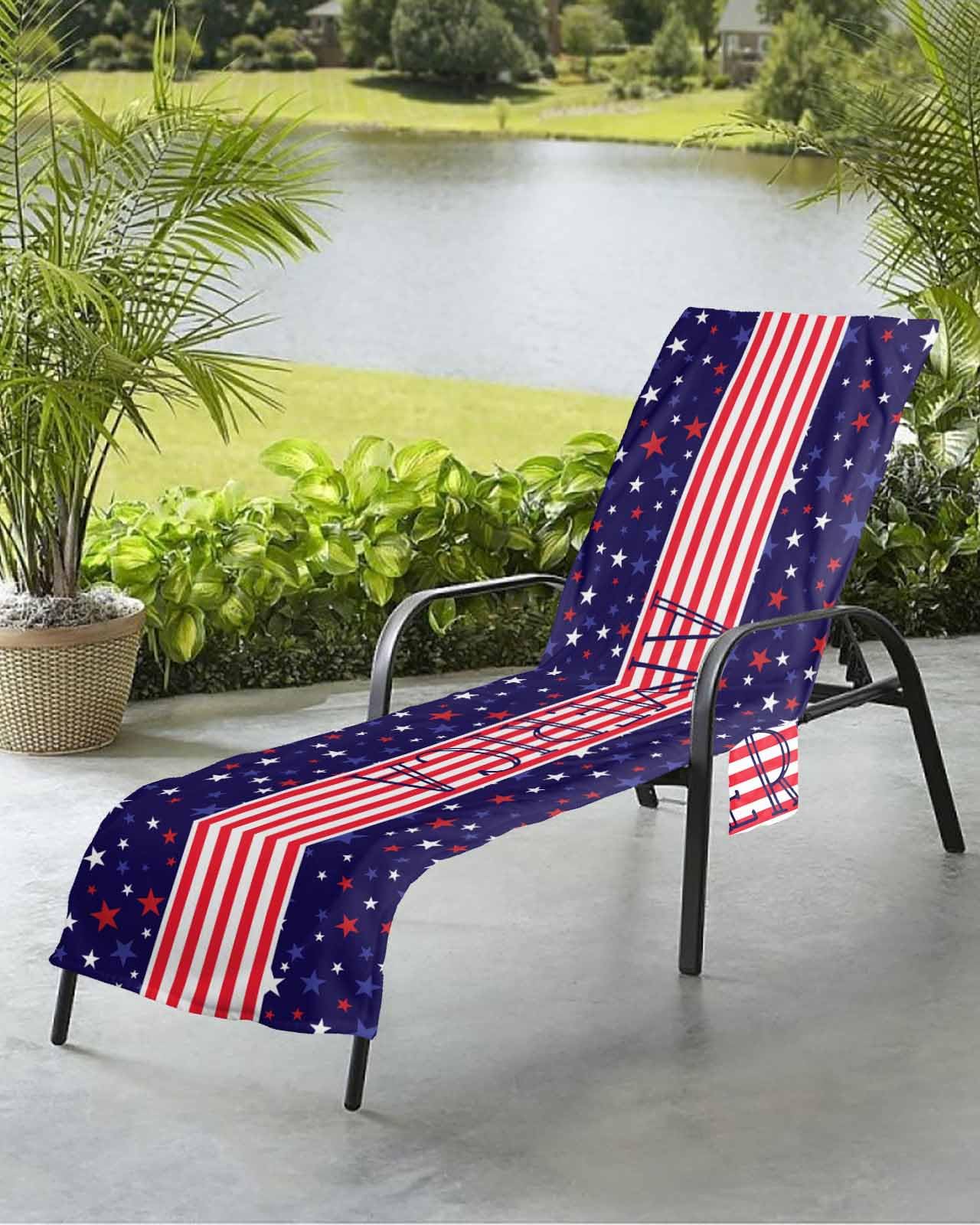 4th of July Beach Chair Towel Covers for Chaise Lounge with Side Pocket, Soft Plush Pool Towels Cover for Patio Sunbathing Outdoor 29''x85'' Red Blue Stripes Stars Patriotic Memorial Day