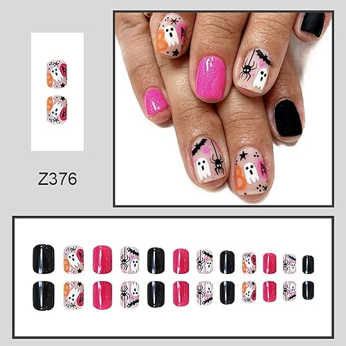 Miniatura 7 de Uñas postizas cortas a presión cuadradas de Halloween, lindas arañas fantasmas, diseños de murciélagos, uñas acrílicas, color rojo rosa con
