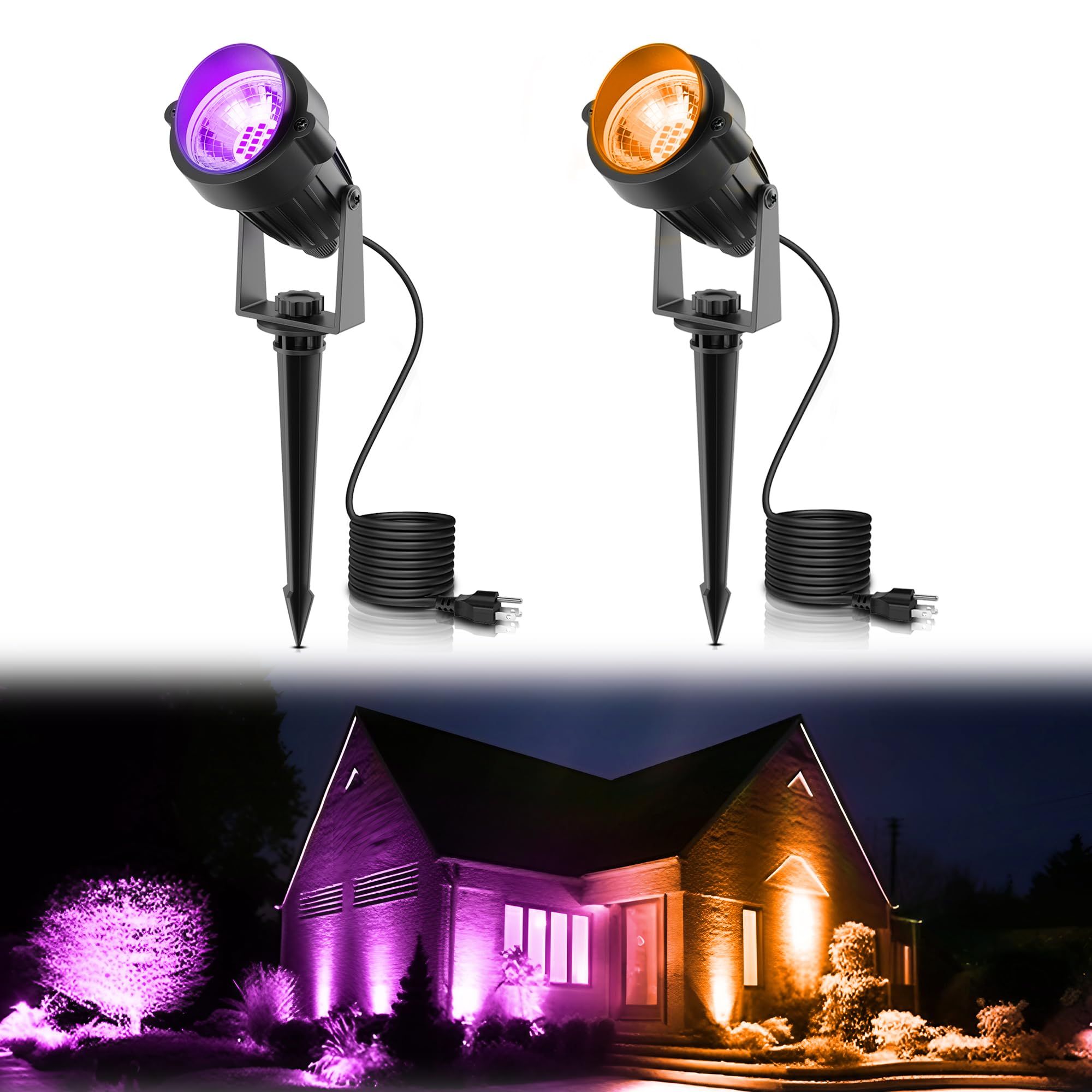 LOHAS Orange and Purple Halloween Lights Outdoor, Auto On/Off, 2 Pack LED Spotlights for Yard, 5W 120V Landscape Lighting for for House, Holiday, Trees, Decoration, 450LM IP66 Waterproof, UL Listed