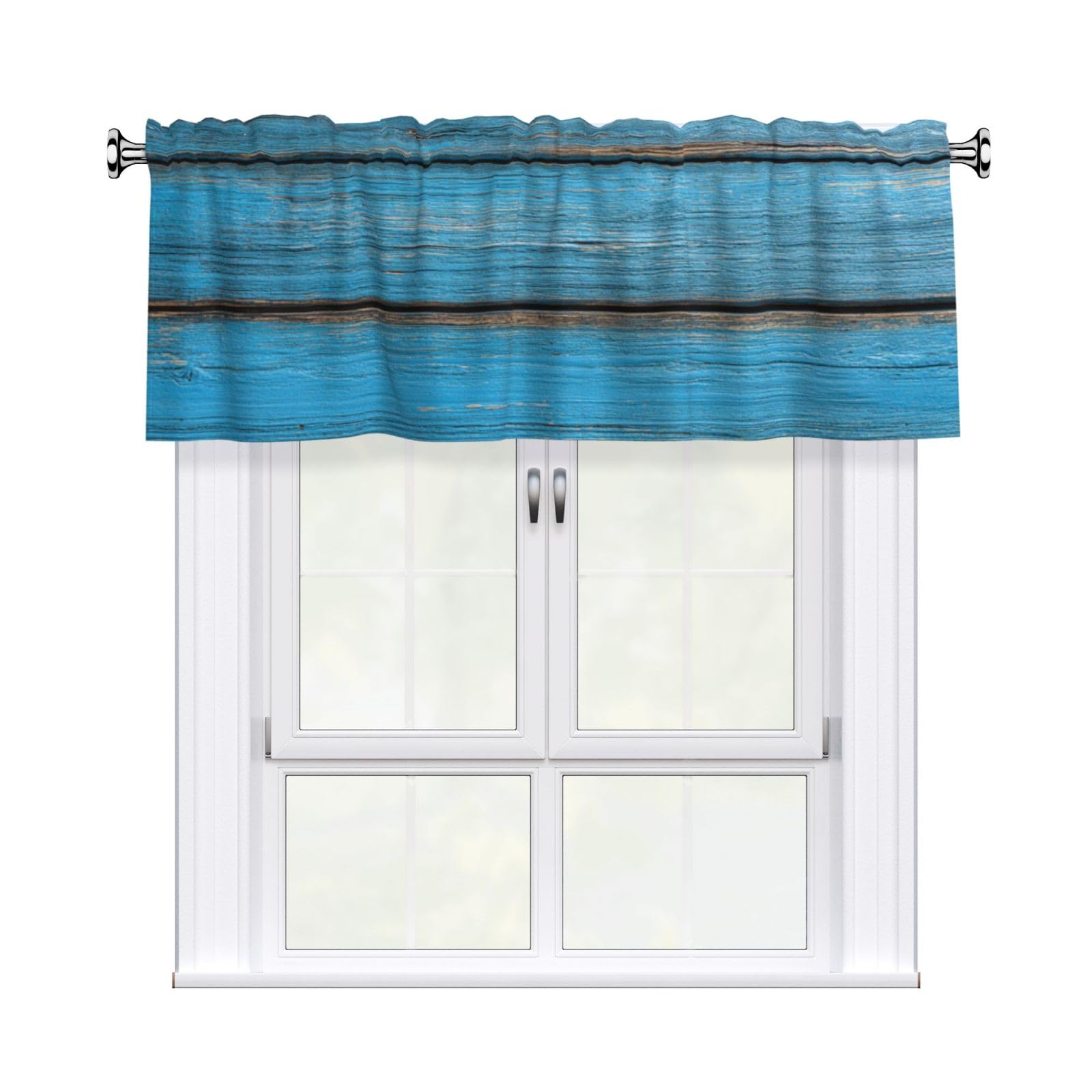 Woshuwo Blue Painted Wooden Planks Valances For Windows Rod Pocket Window Treatment Short Curtains For Kitchen Living Room Bedroom Decor 54x18in