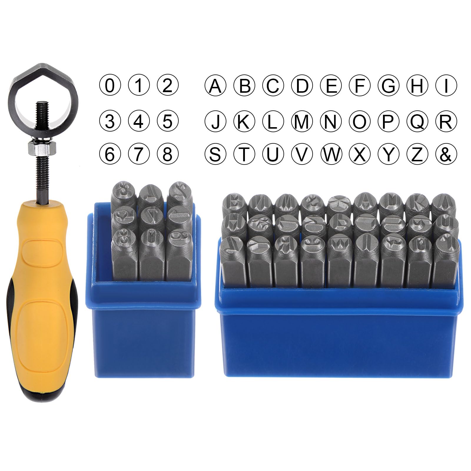 QUARKZMAN 36pz Metallo Stampaggio Kit 3/16" (5mm) (AZ, 0-8,"&" Simbolo) Acciaio Lettera Pugno Premere Utensile con Supporto per Stampa su Metallo, Plastica, Legno, Pelle, Argento
