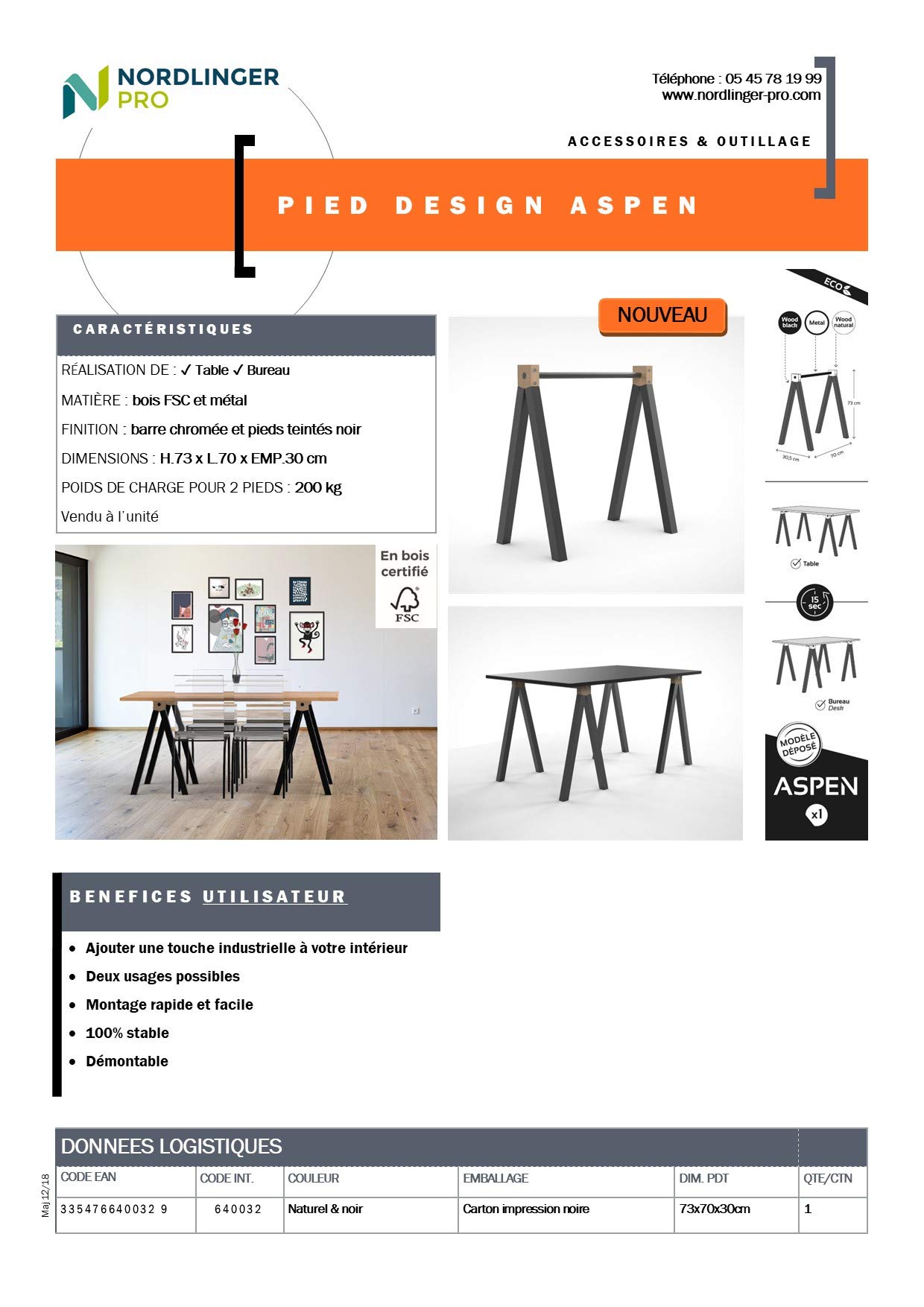 Nordlinger Aspen Tréteau Design, Bois teinté, Bois, et métal 640032