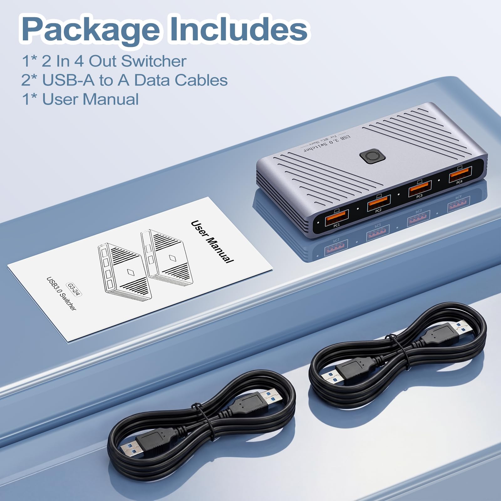 USB-3.0-Schalter, 4 Computer, 4 USB-Geräte, Ein-Knopf-Schalter für Tastatur, Maus, Drucker, Scanner, USB-Peripherie-Sharing-Hub für PC, Laptop mit 2 USB-3.0-Kabeln, Gehäuse aus Aluminiumlegierung