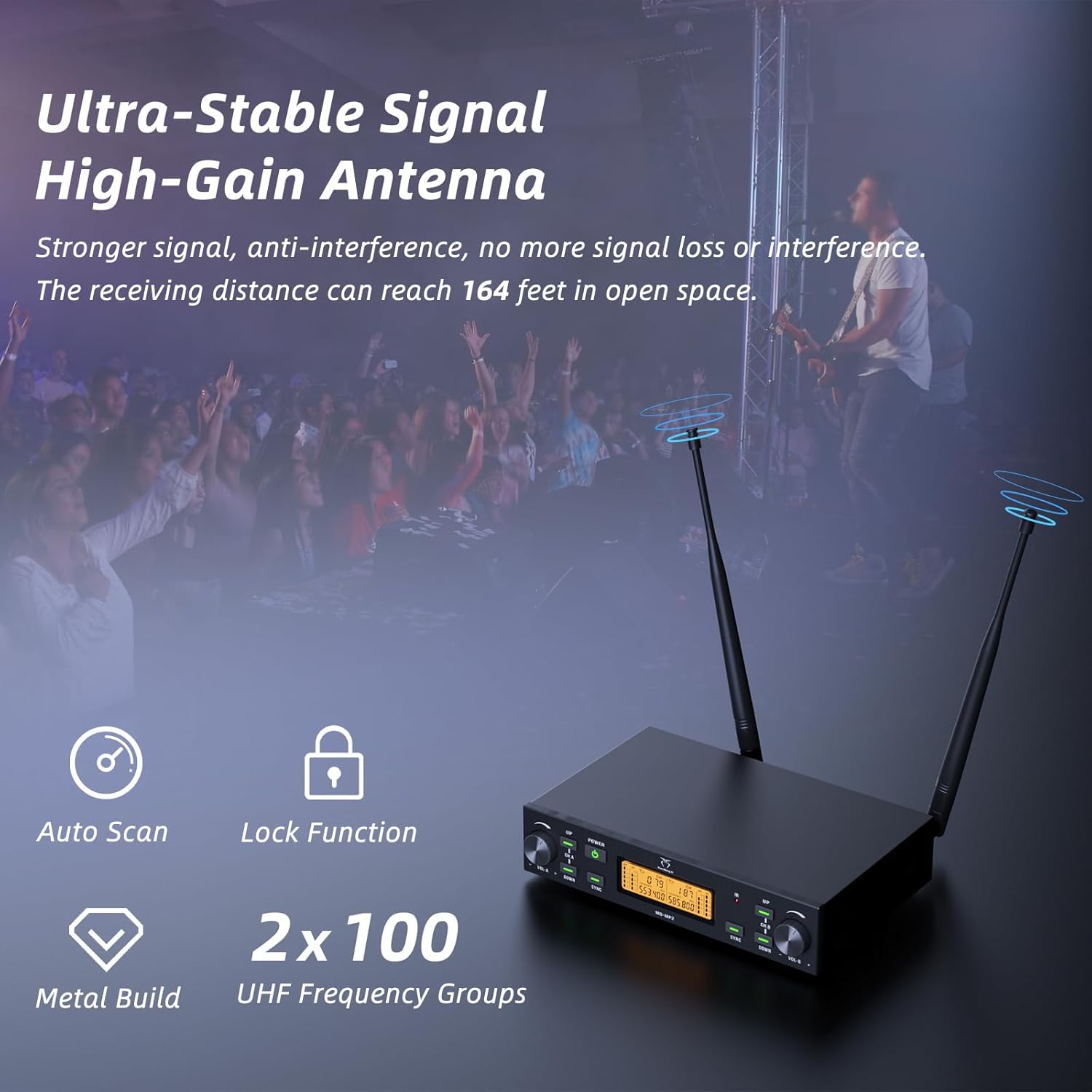 Wireless Microphone System, 2x100 UHF Dual-Channel Rechargeable Handheld Dynamic Microphone, Auto Scan, Suitable for Singing, Karaoke, Wedding, Performance
