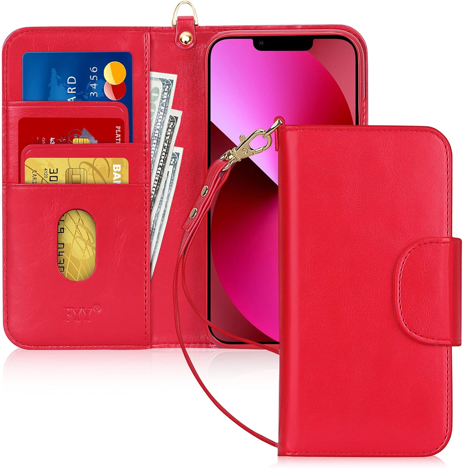 FYY iPhone 13 Case, Handmade PU Leather Flip Wallet Phone Case