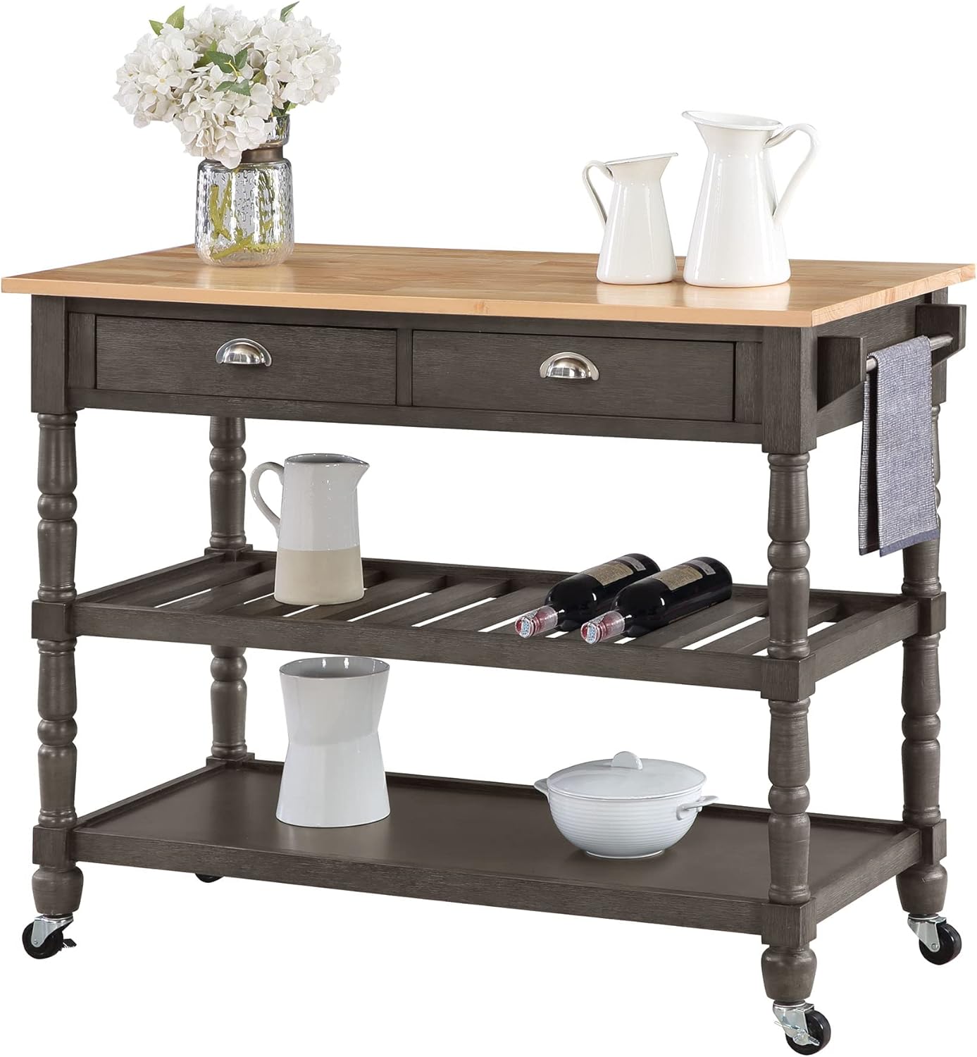 Classic Butcher Block Kitchen Cart with Wine Storage and Drawers
