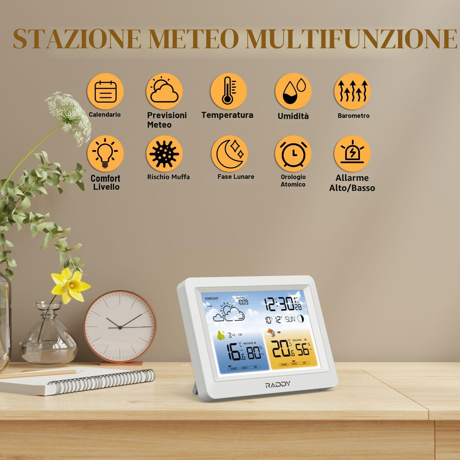 Stazione meteorologica wireless Raddy WM6 con sensore remoto, batteria integrata da 2000 mAh, barometro, orologio DCF, previsioni meteo, avviso rischio muffa, display a colori per interni ed esterni