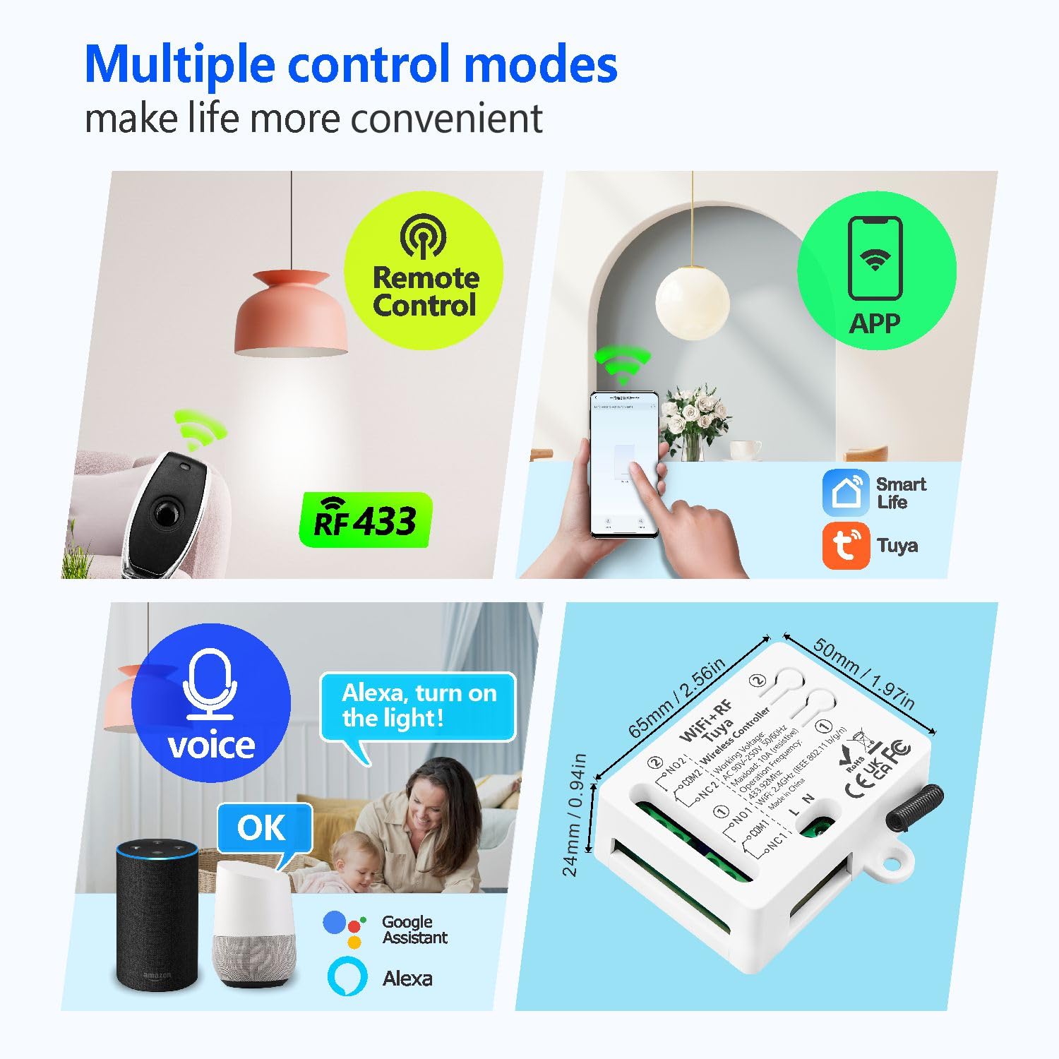DieseRC Tuya Interruptor Inteligente WIFI de 2 Canales, Módulo Relé de Salida Pasiva AC 90V-250V 220V, con 2x Mando a Distancia RF, Compatible con Alexa/Google Home