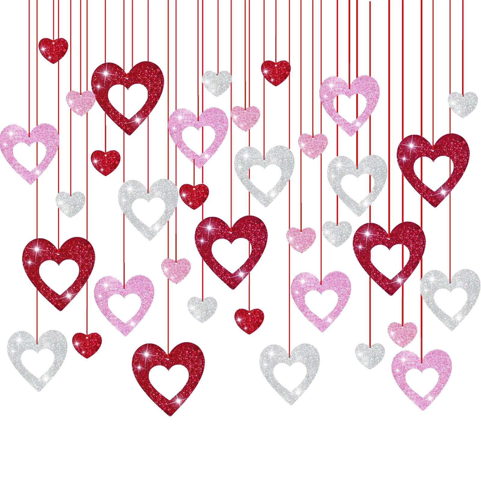 36Pcs Glittering Heart Pendant Hanging Ornament Valentines Day Decoration for Wedding Bridal Showers Engagement Party Wedding Anniversary Decorations