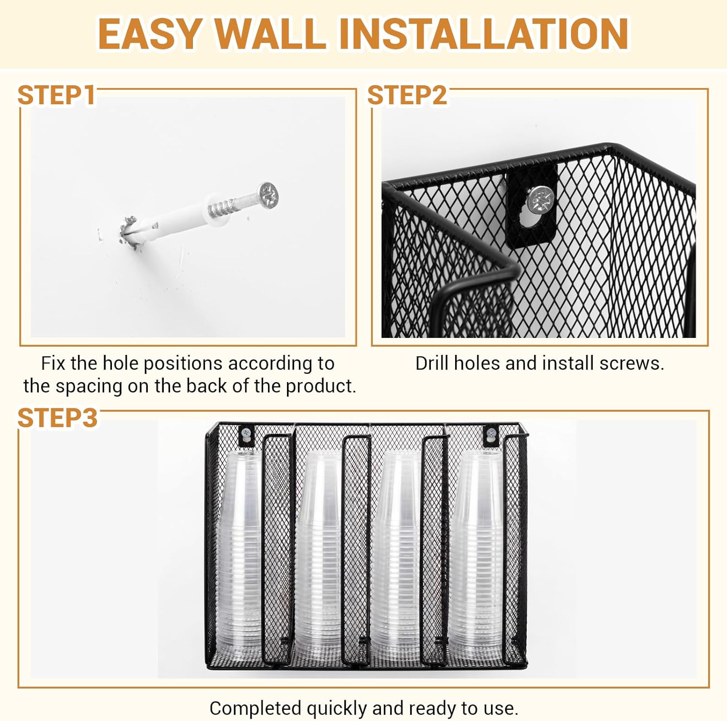 Thenshop 2 Pack Wall Mount Sauce Cup and Lid Holder - 4 Compartment Black Iron Dispenser Fits 2 to 5.5 oz Cups, Space Saving Organizer for Coffee Bar, Restaurant & Kitchen Counter, 13 x 10 x 3.26