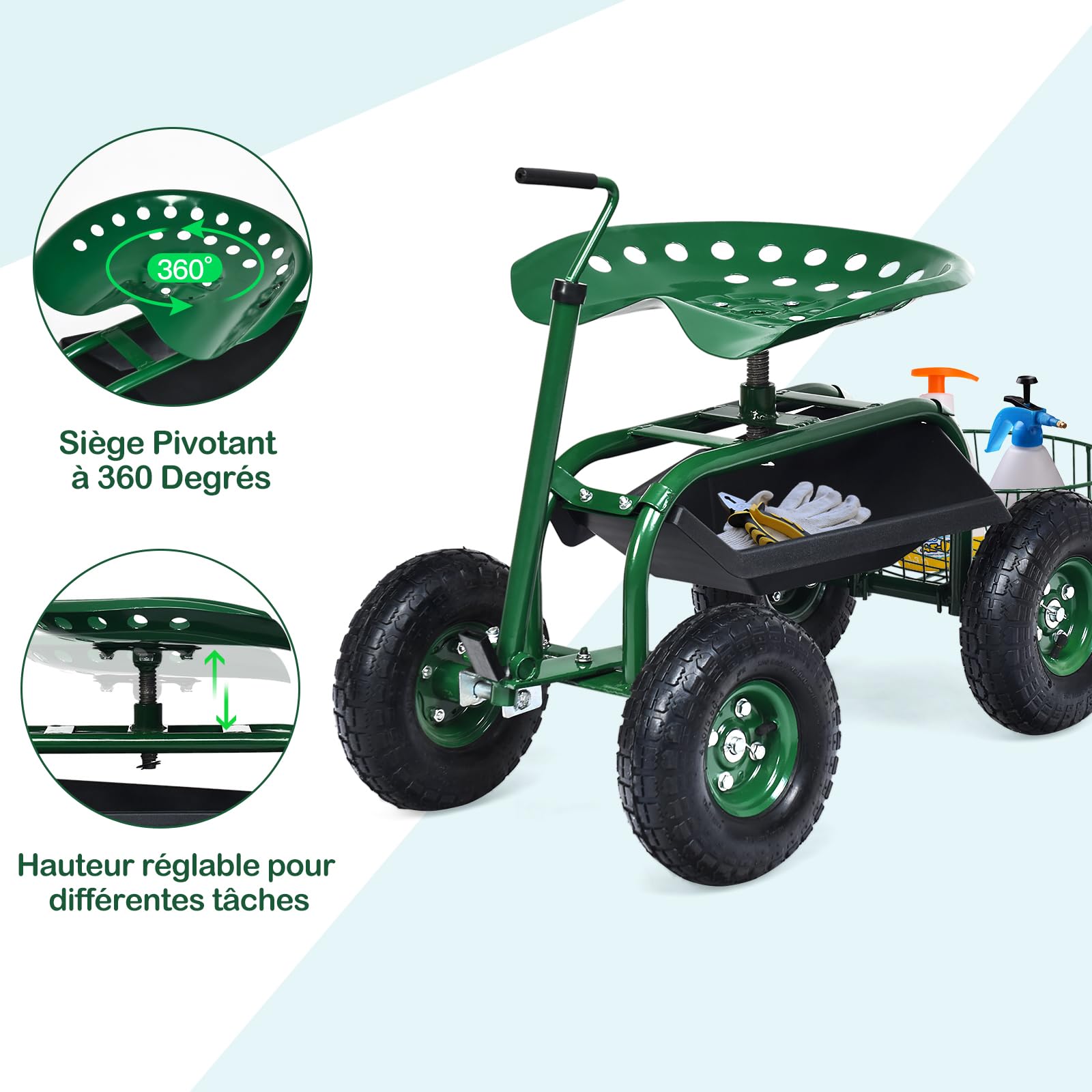 GOPLUS Siège de Jardin Roulant avec 2 Plateau à Outils, Poignée Directe, Panier de Rangement, Siège Réglable, 4 Roues en Caoutchouc, Tabouret de Jardin Roulant pour Jardinage, Vert