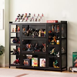Display Cabinet, Curio Cabinet with Acrylic Doors, Figures and Curio Collection Display Case, Floor Standing Clear Showcase for Living Room Bedroom Black (Three Styles) 135×33×111cm