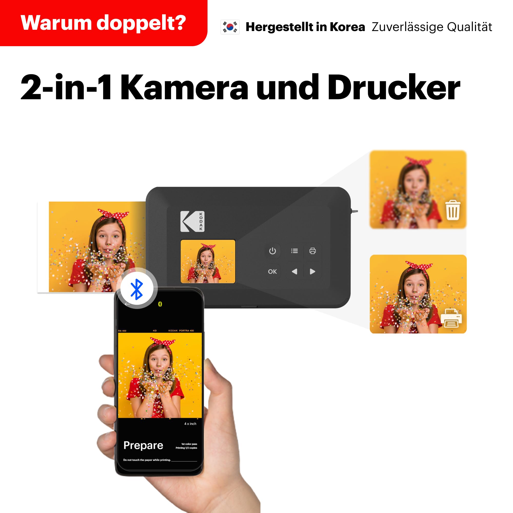 KODAK Mini Shot 2 Retro 4PASS 2-in-1 Sofortbildkamera und Fotodrucker (5,3x8,6cm) + 8 Blatts, Gelb