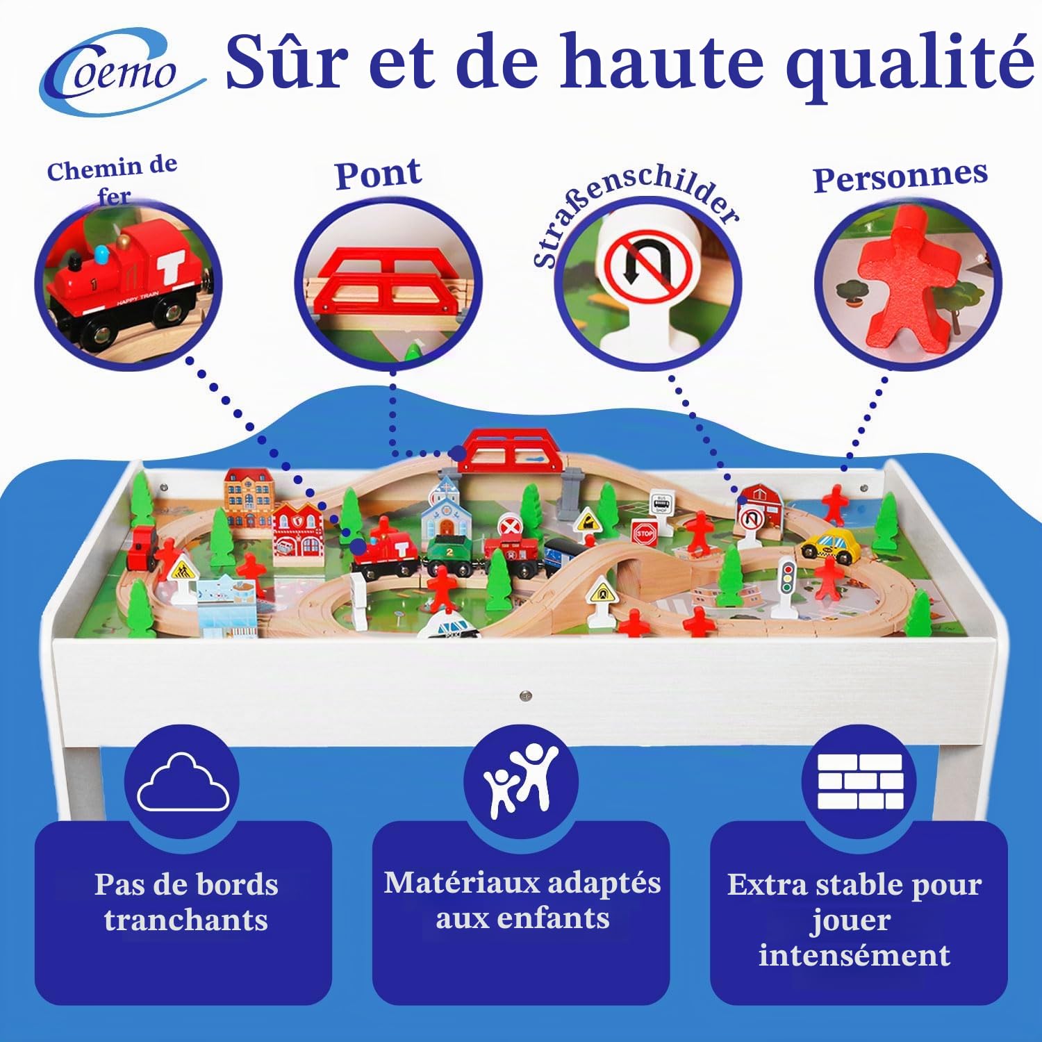 Coemo Table de jeu avec chemin de fer en bois - 91 pièces - Table multifonction pour les enfants - Pour jouer, bricoler, construire et améliorer la motricité - Superbe cadeau