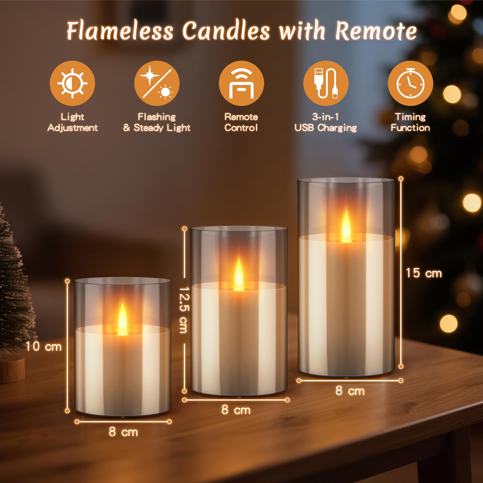 3PC LED Candles Rechargeable with Motion Sensor, Flameless Candles in Glass with Remote Control Timer Function - Image 2