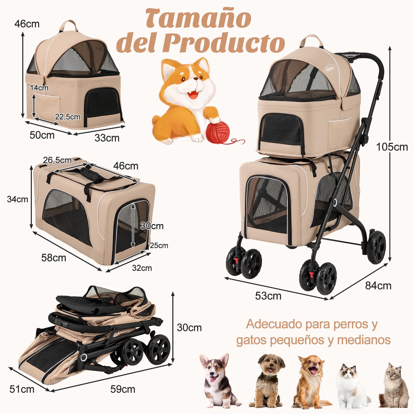 GOPLUS Carrito para Perros Plegable de 2 Niveles, Cochecito para Mascotas 3 en 1 con 2 Compartimentos Desmontables, Carro de Viaje para Gatos, Ruedas con Freno, Cojin Desmontable, 67×98×88cm (Beige)