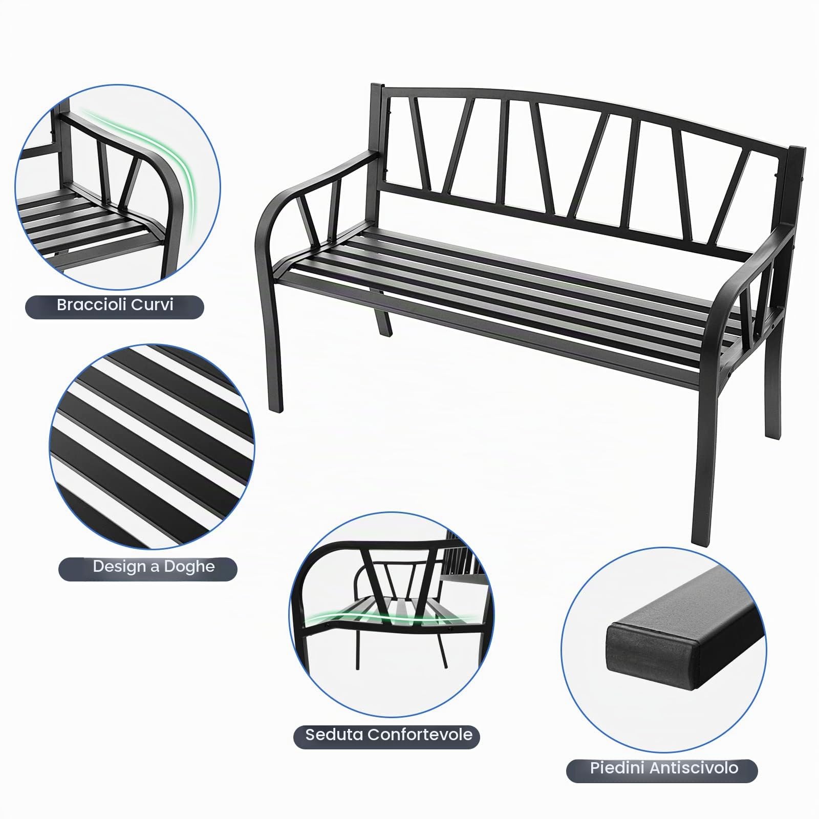 KOMFOTTEU Panca da giardino a 2 posti, metallo, carico 300 kg, 01, 128 x 55,5 x 86 cm | Panca da parco con schienale, Sedia da parco, per balcone, terrazza, nero