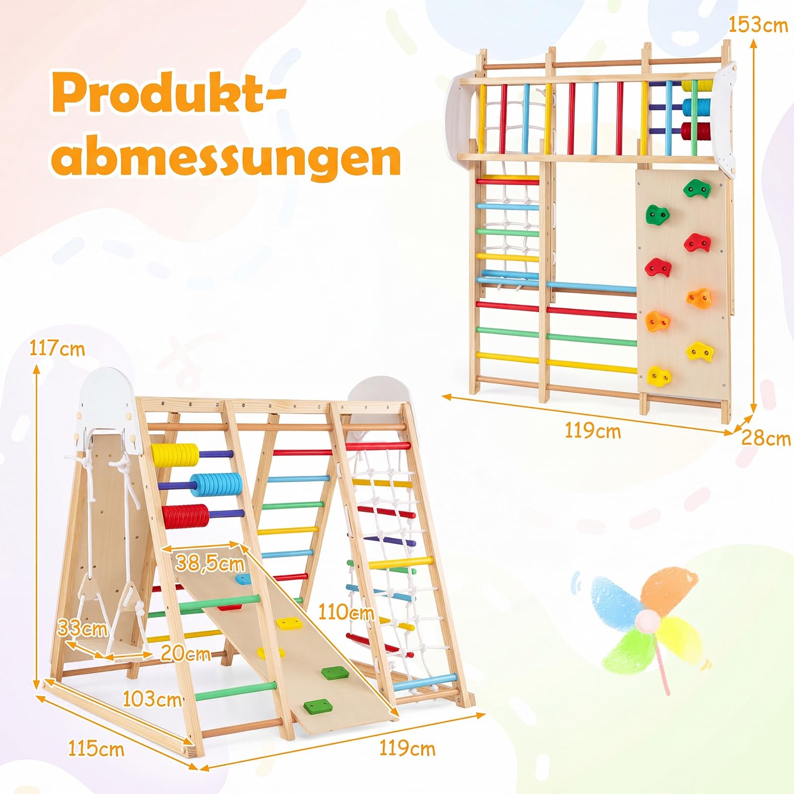 COSTWAY 8 in 1 Indoor Klettergerüst aus Holz für Kinder ab 3 Jahren (Bunt) | Klappbares Kletterspielzeug Set mit Hangelgerüst, Klettersteine, Kletterrampe, Kletternetz, Kletterseil, Leiter & Schaukel