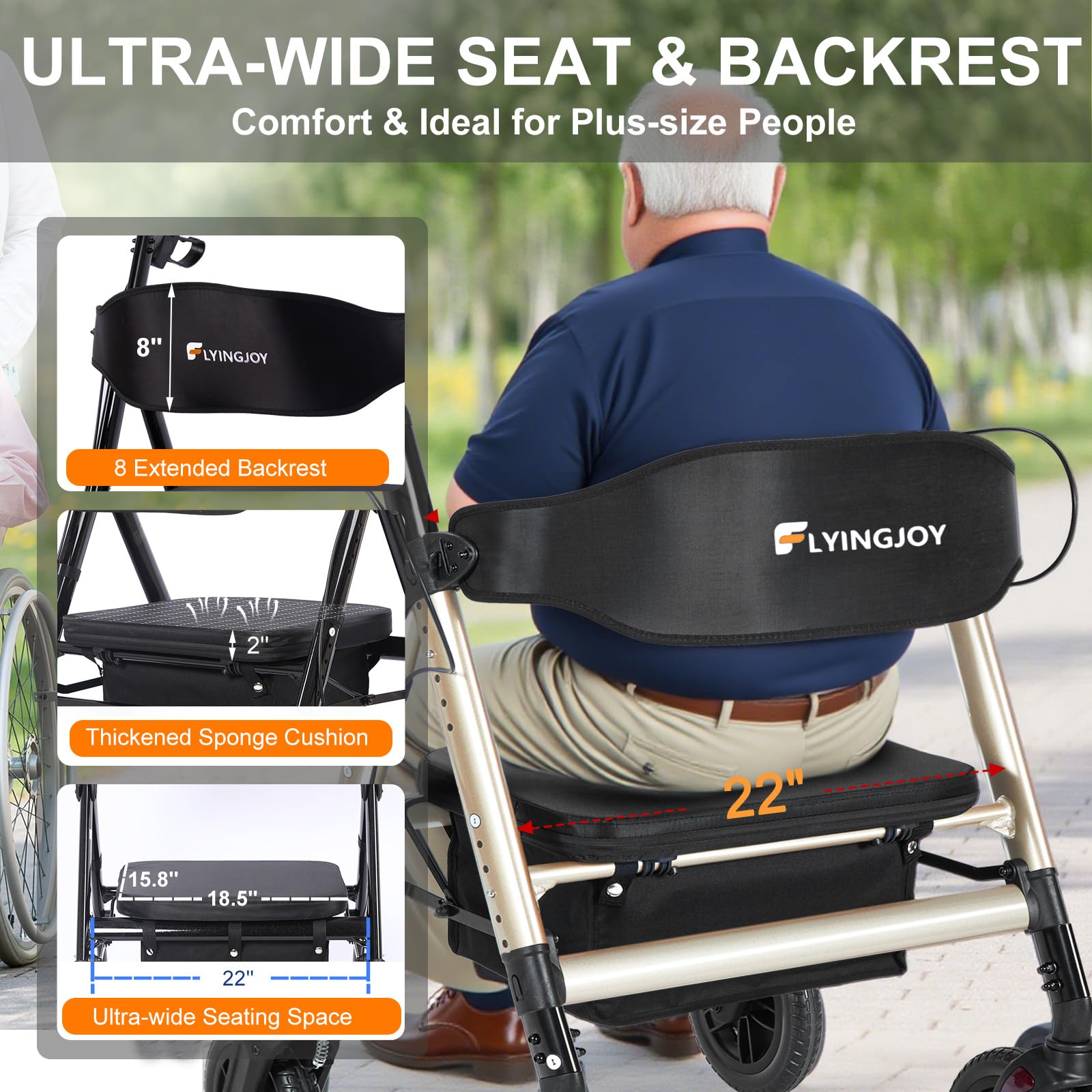 Andador rodante resistente con asiento, plegable bariátrico con ruedas grandes de 8 pulgadas, soporta hasta 450 libras, champán