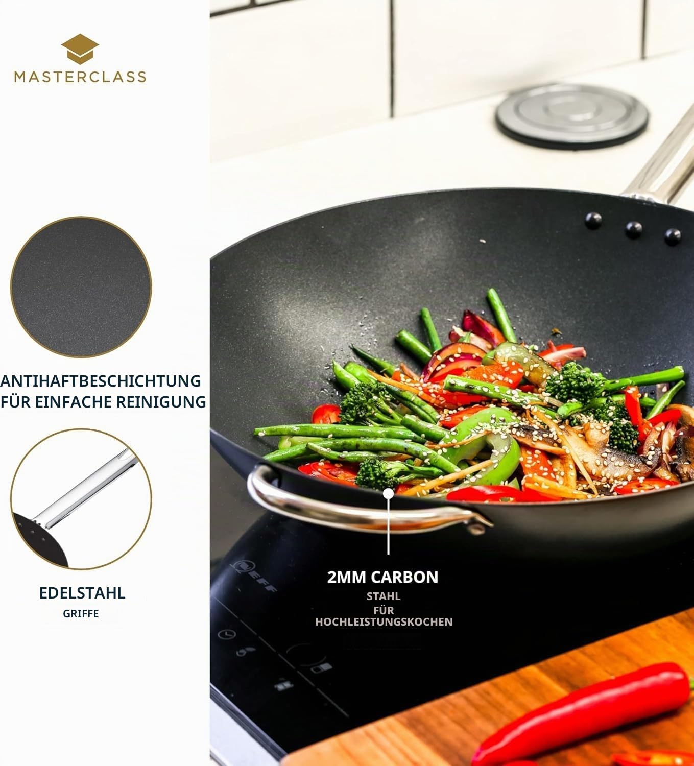 Master Class Wok Carbon, antihaftversiegelt, Karbonstahl, Wokpfanne 8 Liter, 35,5 cm (14''), schwarz