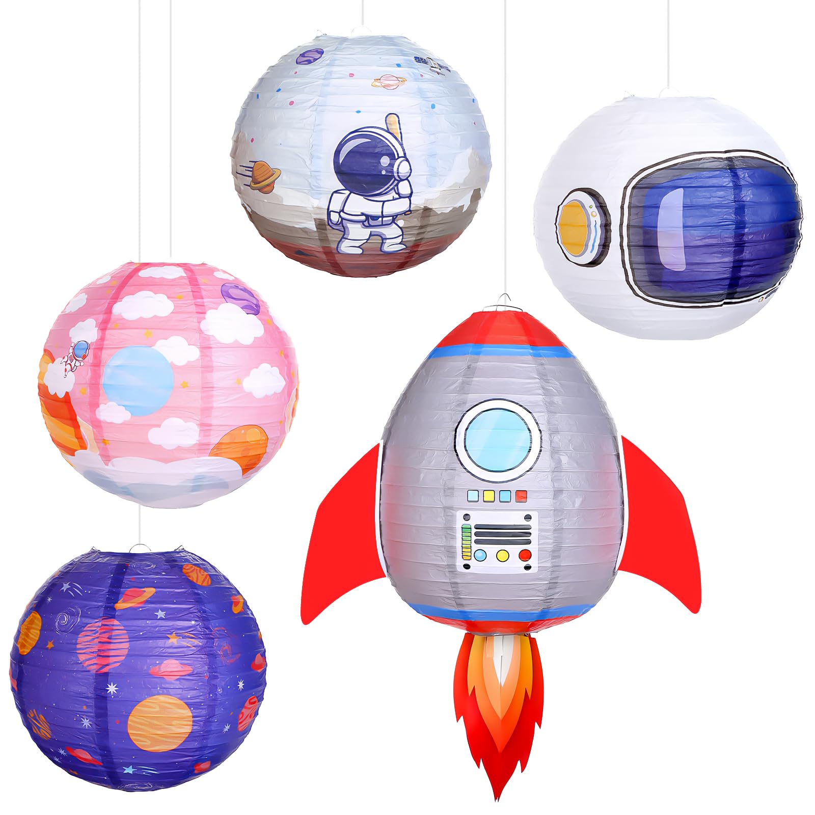 Encham Space Party Decorations Paper Lanterns Outer Space Theme Solar System Planet Hanging Decor for Kids Space Themed Parties Birthday Classroom Home Party Supplies 5pcs