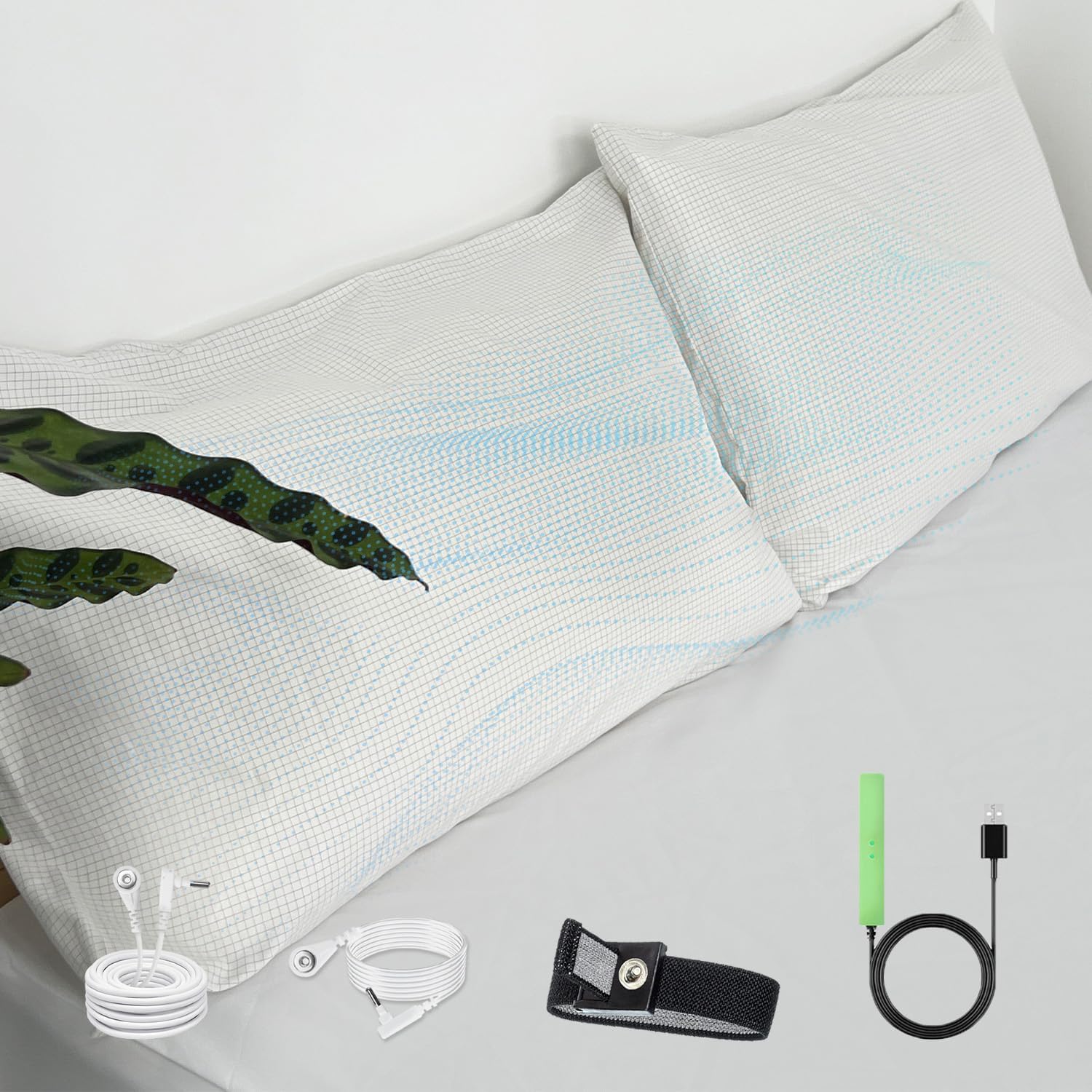 Amradield Grounding Pillowcase with Grounding Cords, Portable Blue Bracelet, 90% Cotton 10% Silver Organic Fitted Sheet for Improved Sleep