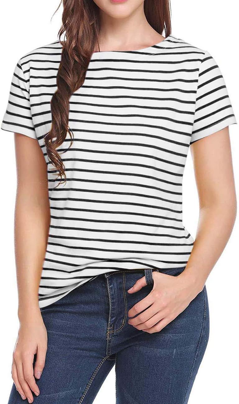 LilyCoco Women's Striped Shirt Short Sleeve Tops Crewneck T-Shirt Basic Tees