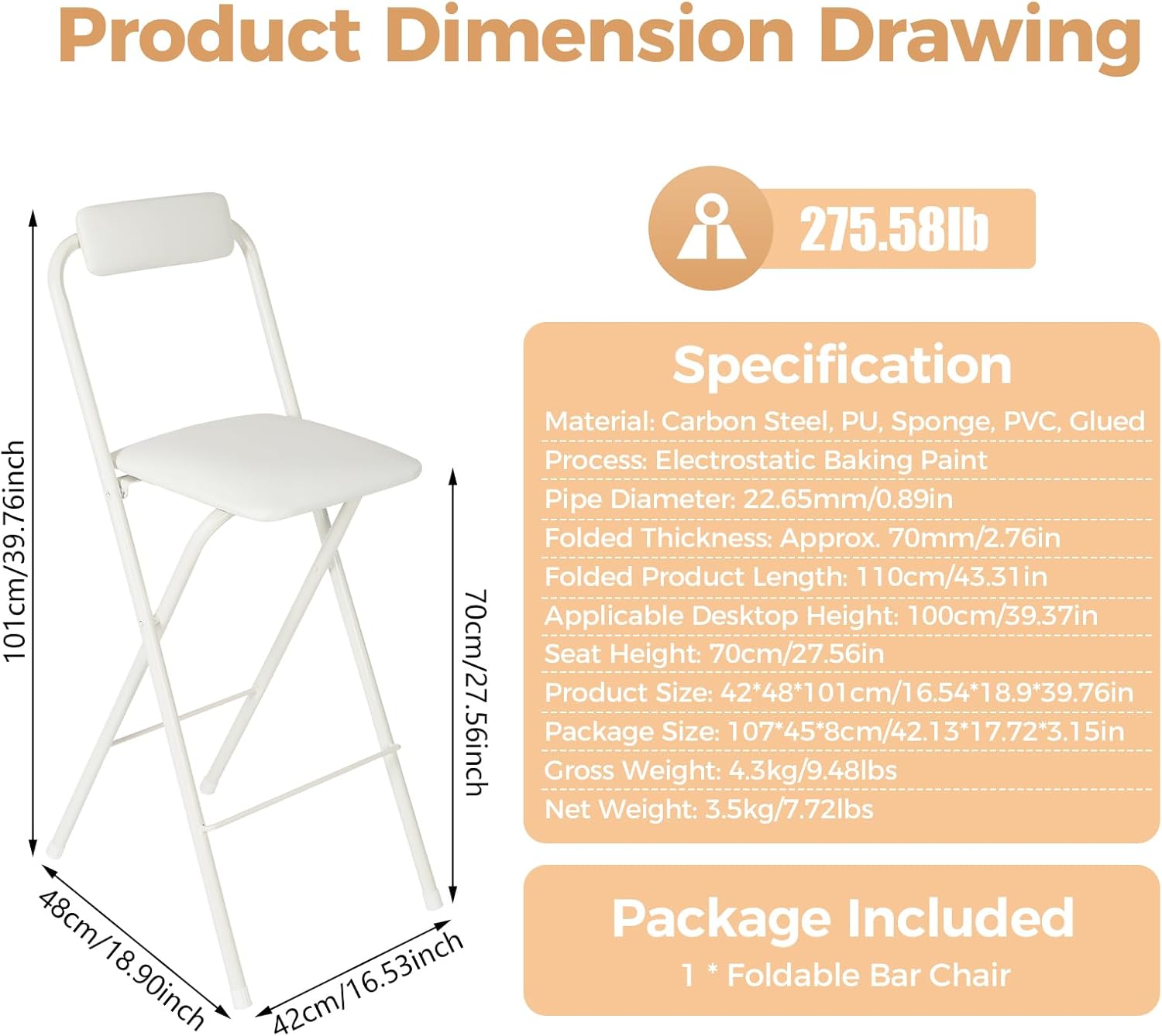 Folding Stool, Cushioned Padded Folding Stool Portable Bar Stool with Back for Camping Kitchen Home Office, Tall Bar Collapsible Stools (White, 1Pcs 27.56in)