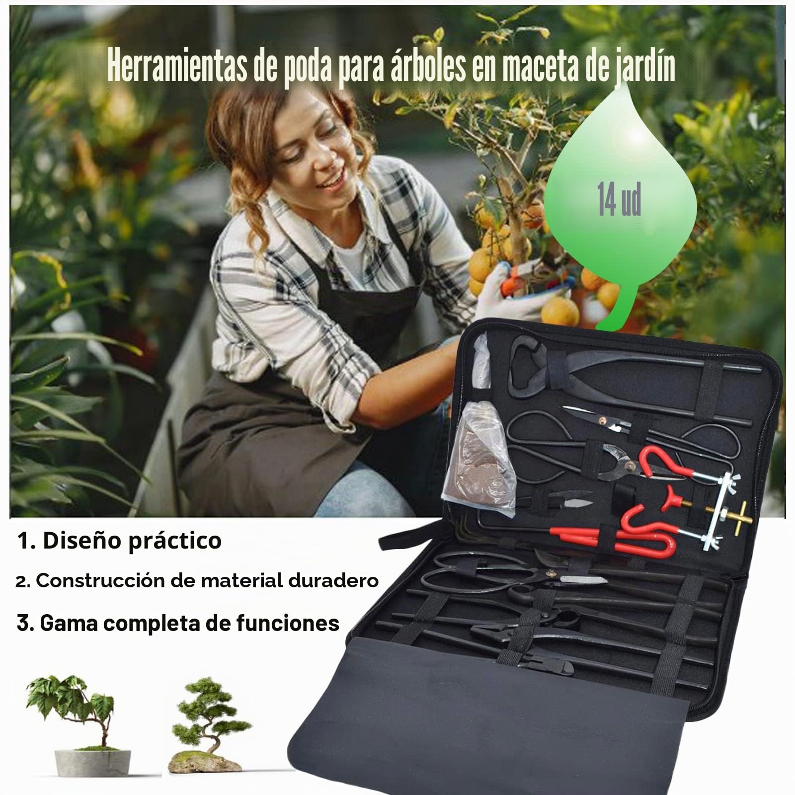 Juego de Herramientas de bonsái de 14 Piezas de Acero al Carbono para Jardinería, Incluyen Tijeras, Alicates y Tijeras de Podar para Jardineria Casera y Plantas de Balcón(C)