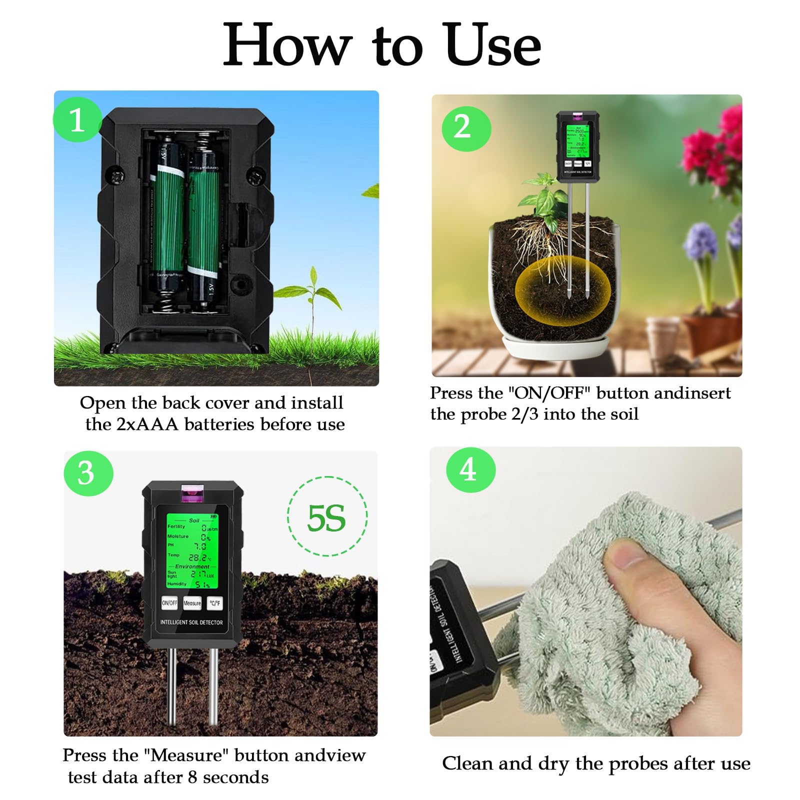 Testeur d'humidité du Sol，Testeur Sol 6 en 1，Hygrometre Plante avec pH Humidité Fertilité du Sol Lumière du Soleil Détection de Température Testeur Humidité Plante， Adapté au Jardinage et Aux Plantes