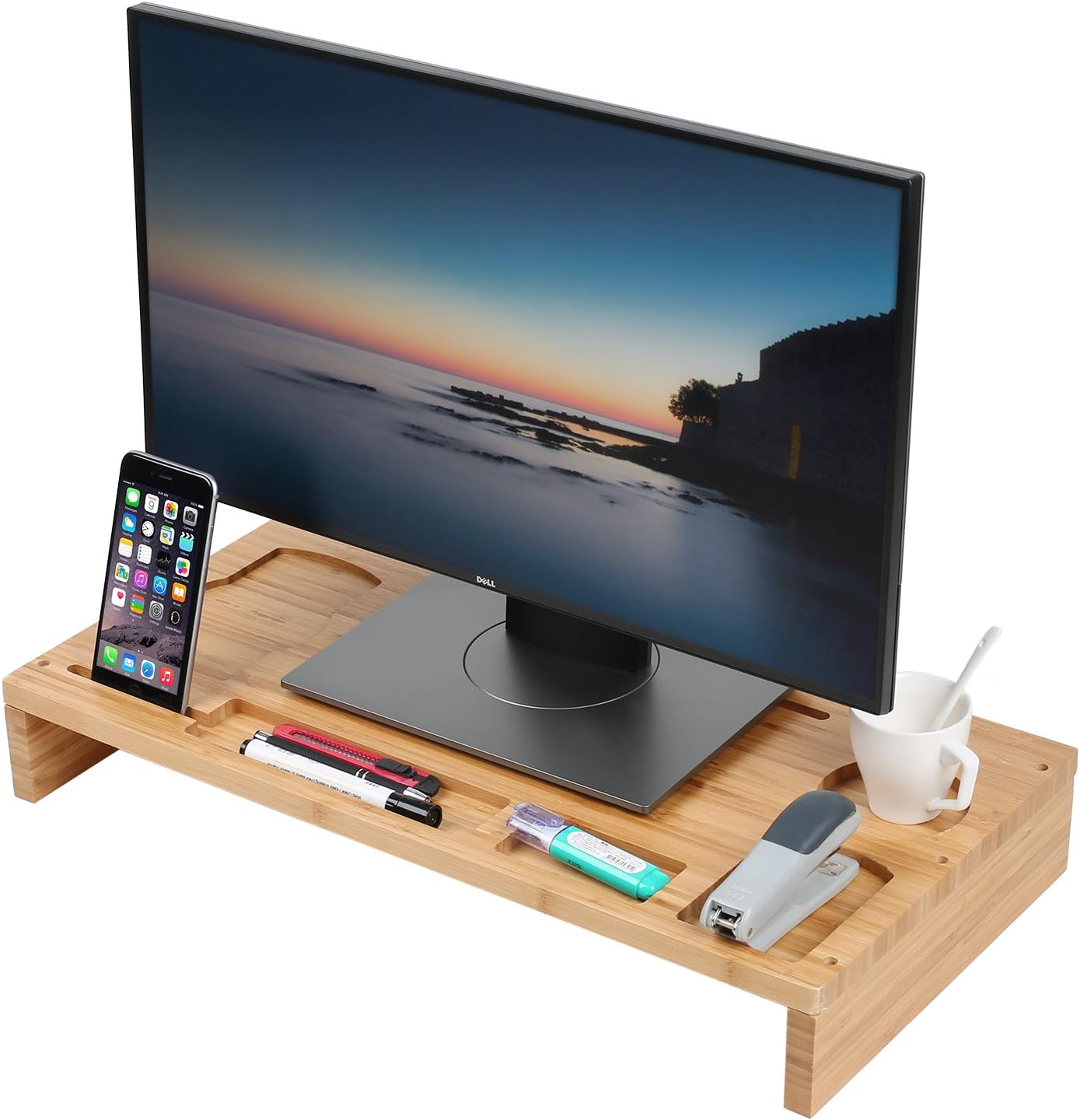 Bamboo Computer Monitor Stand Riser, Wooden Desk Organizer, Laptop Riser Shelves, Laptop Ipad Cellphone TV Printer Stand Holder with Slots for Office Supplies and Storage Space for Keyboard and Mouse