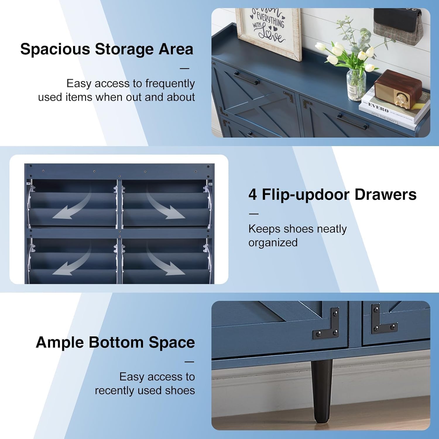 Shoe Storage Cabinet,Farmhouse Shoe Organizer with 4 Flip Drawers & Barn Door Design,Freestanding Hidden Slim Narrow Shoe Rack Cabinet for Entryway,Foyer,Hallway,Blue