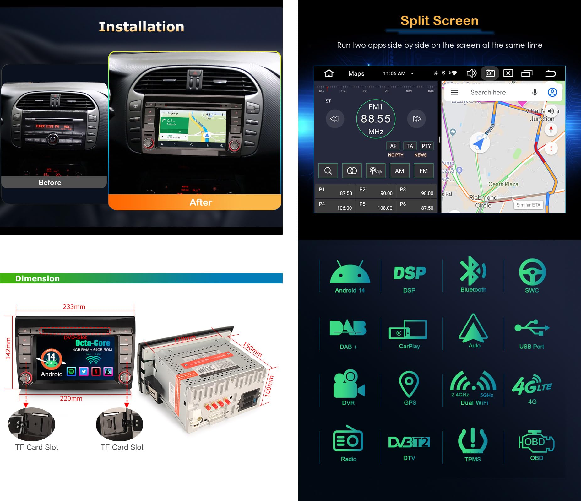 Autoradio Android 13 Pour Fiat Bravo (2007-2014) - Écran 8" - GPS, CarPlay, 4G