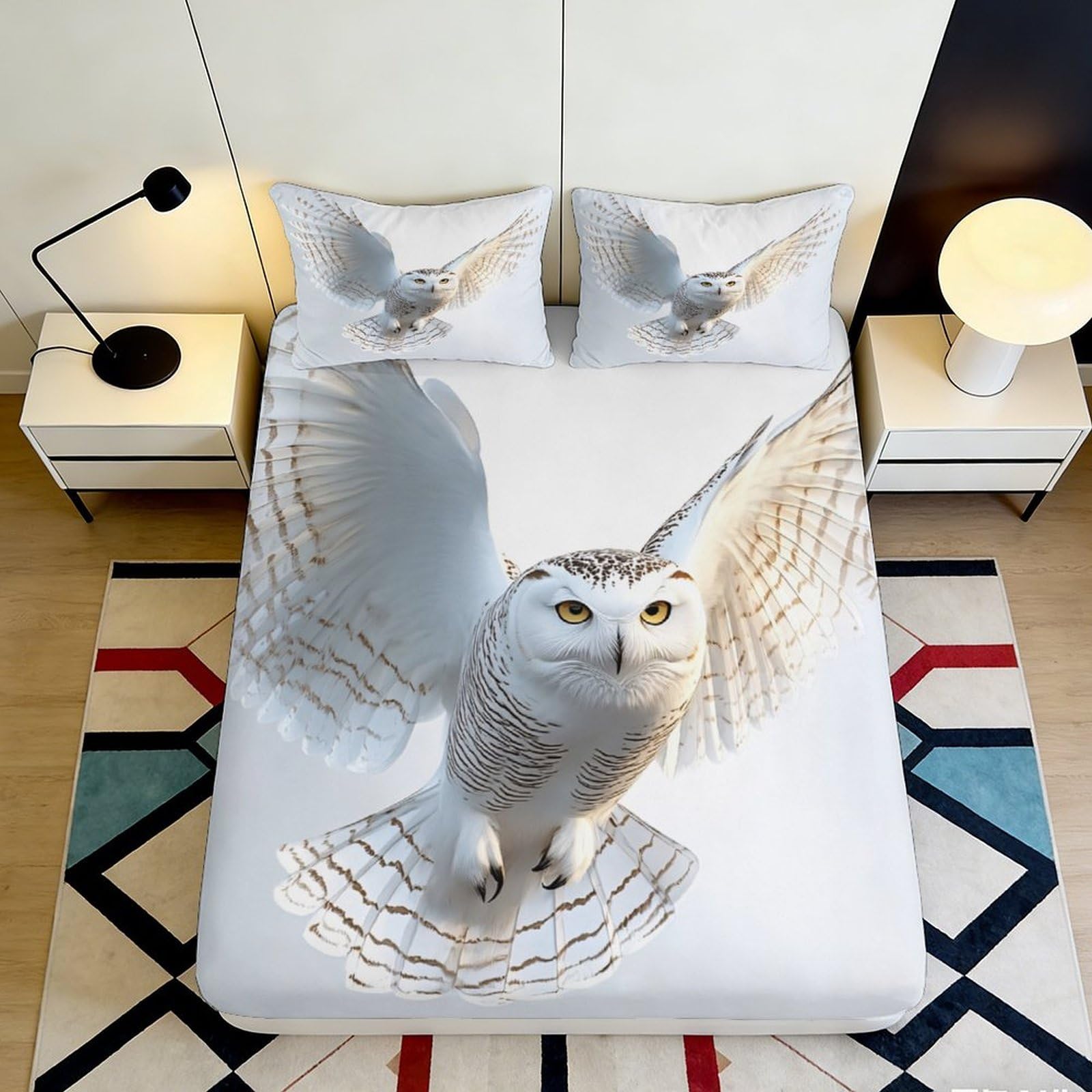 3D Printed Snowy Owl Fitted Sheet Microfiber Soft Breathable Flying Bird Bed Cover for Bedroom Dormitory Guest Room Mattress Protection Decor 200x200x25cm