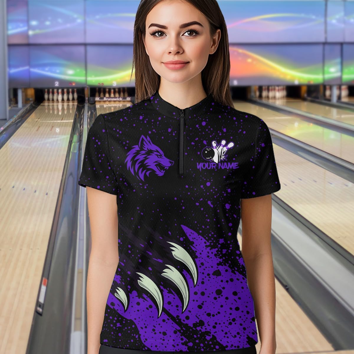 Custom Wolf Bowling Shirts for Team Men Women Bowling Jerseys with Claws Wolf Bowling Polo and 1/4 Zip Shirt for Couples