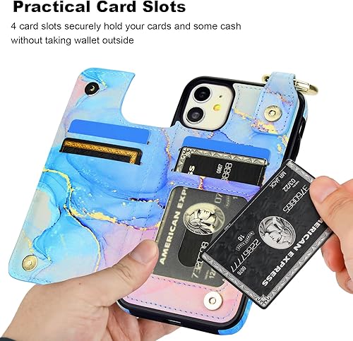 Miniatura 8 de HAOPINSH Funda tipo cartera para iPhone 11 con tarjetero, diseño de mármol rosa y azul con tapa trasera, funda de piel sintética con ranuras para