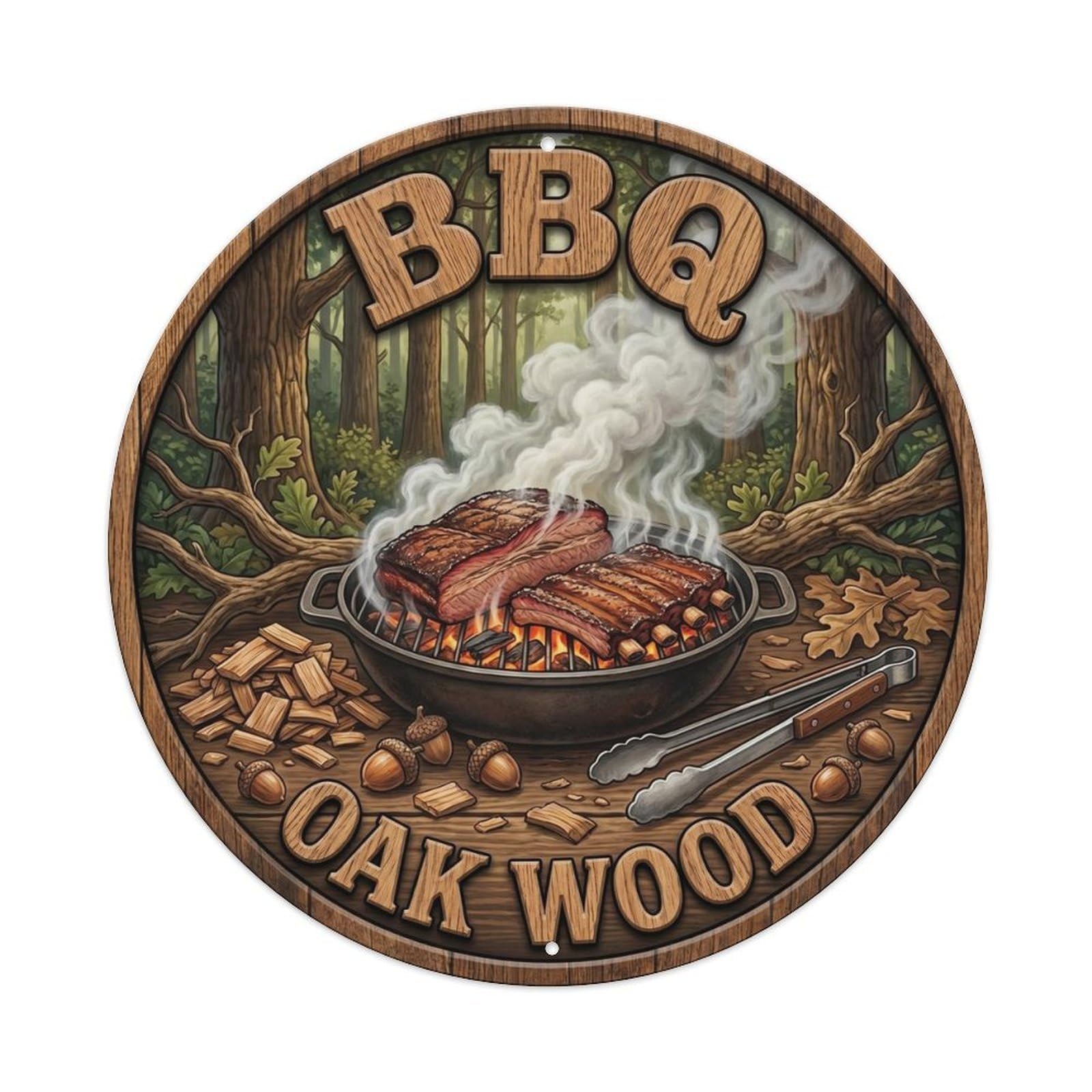 BBQ Oak Wood Metal Tin Sign